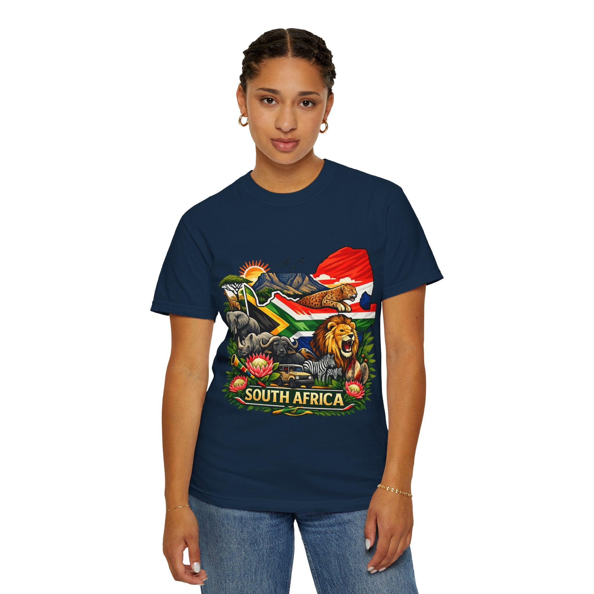 South Africa Wildlife Graphic T-Shirt — Lion, Rhino & Protea Design