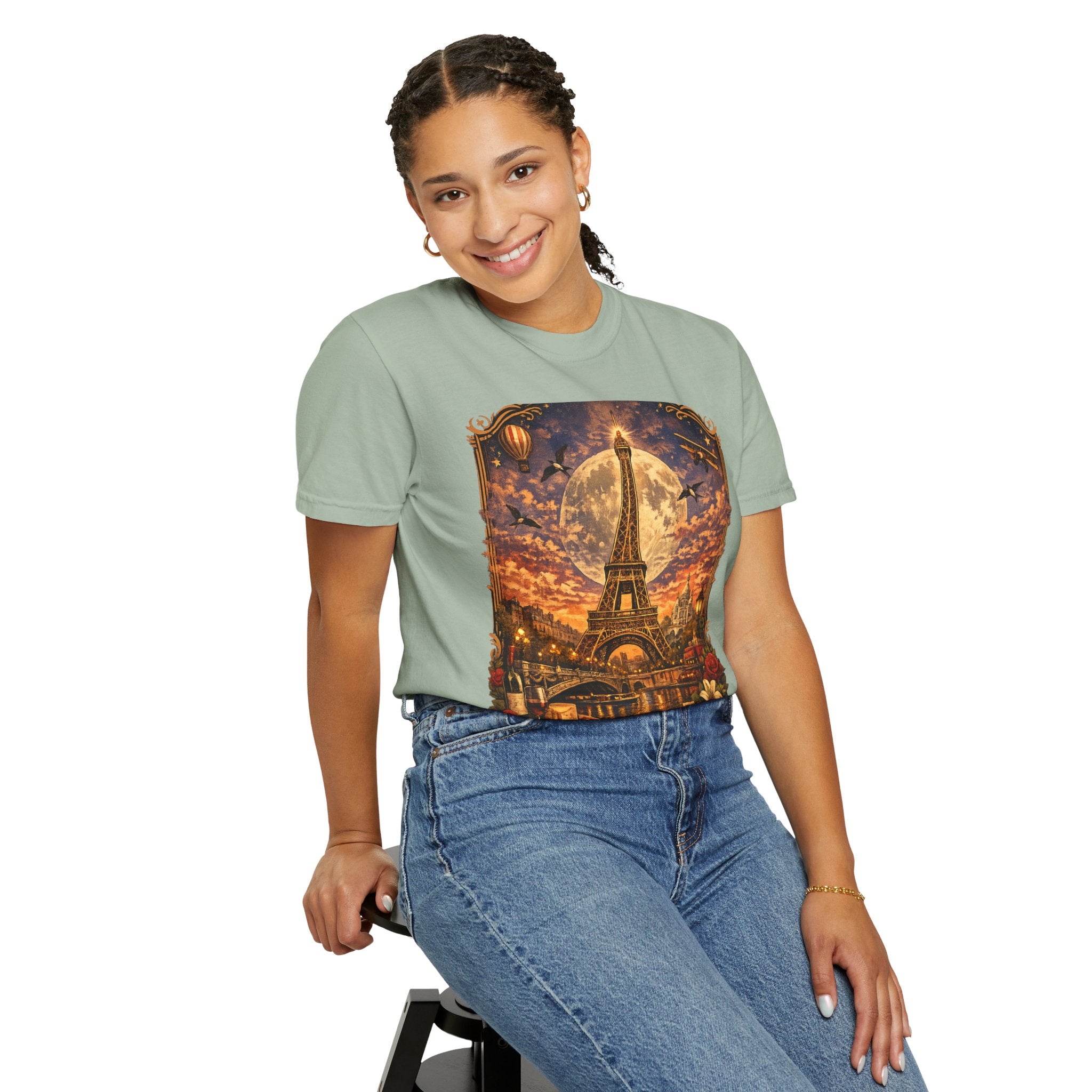 Eiffel Tower Paris Vintage Travel T-Shirt — Moonlit Scenic Souvenir Tee