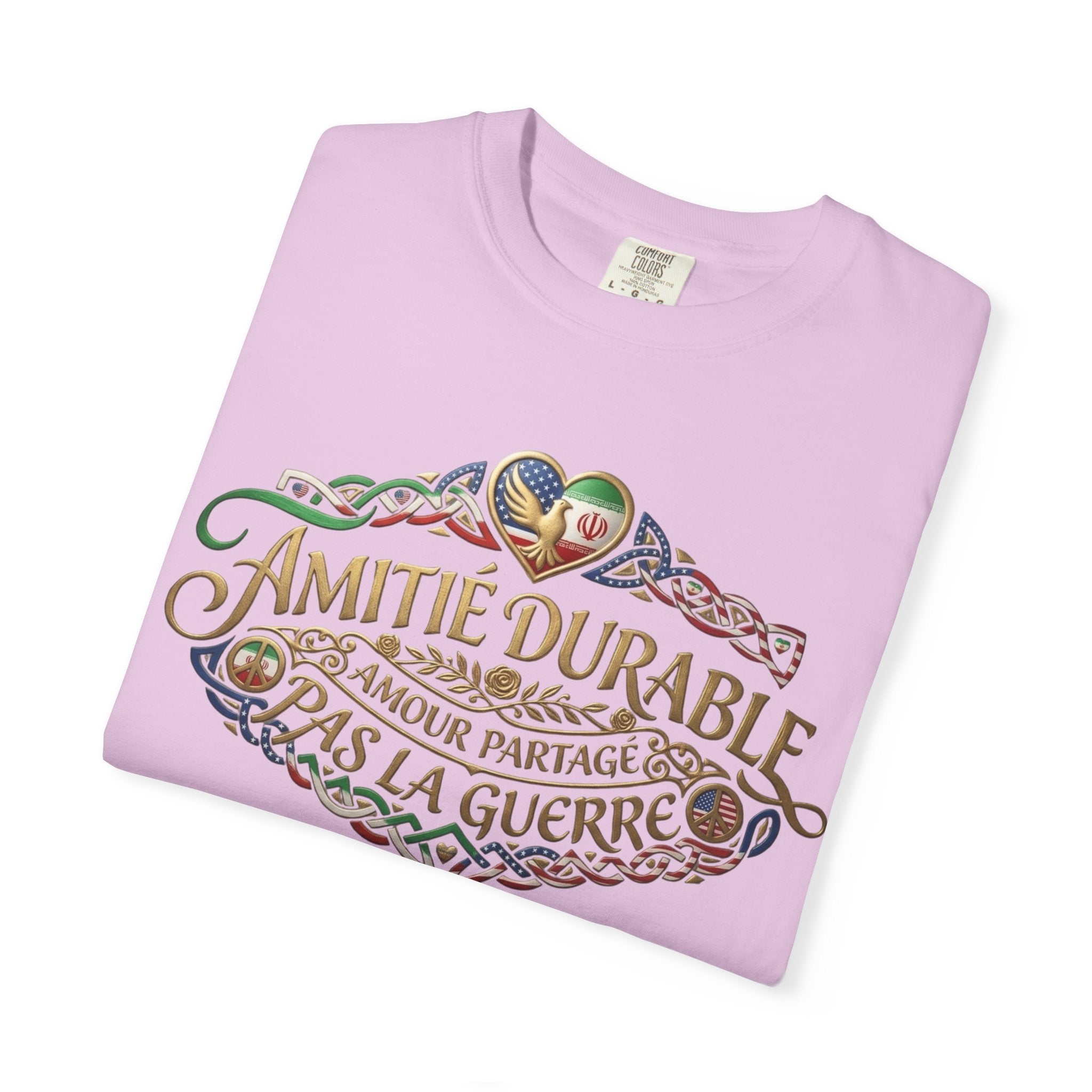 T-Shirt — "Amitié Durable, Amour Partagé, Pas la Guerre" Vintage Peace Heart Design