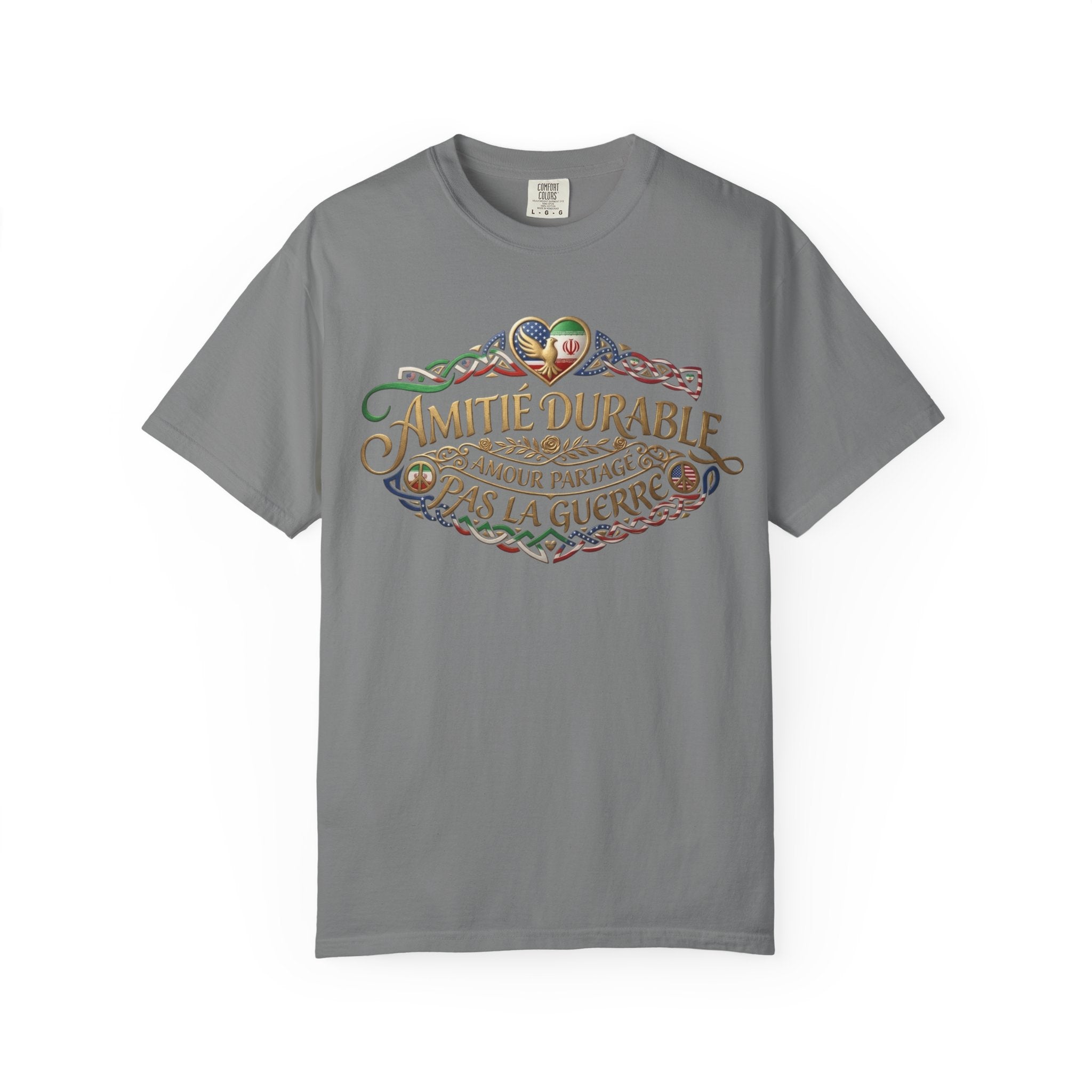 T-Shirt — "Amitié Durable, Amour Partagé, Pas la Guerre" Vintage Peace Heart Design