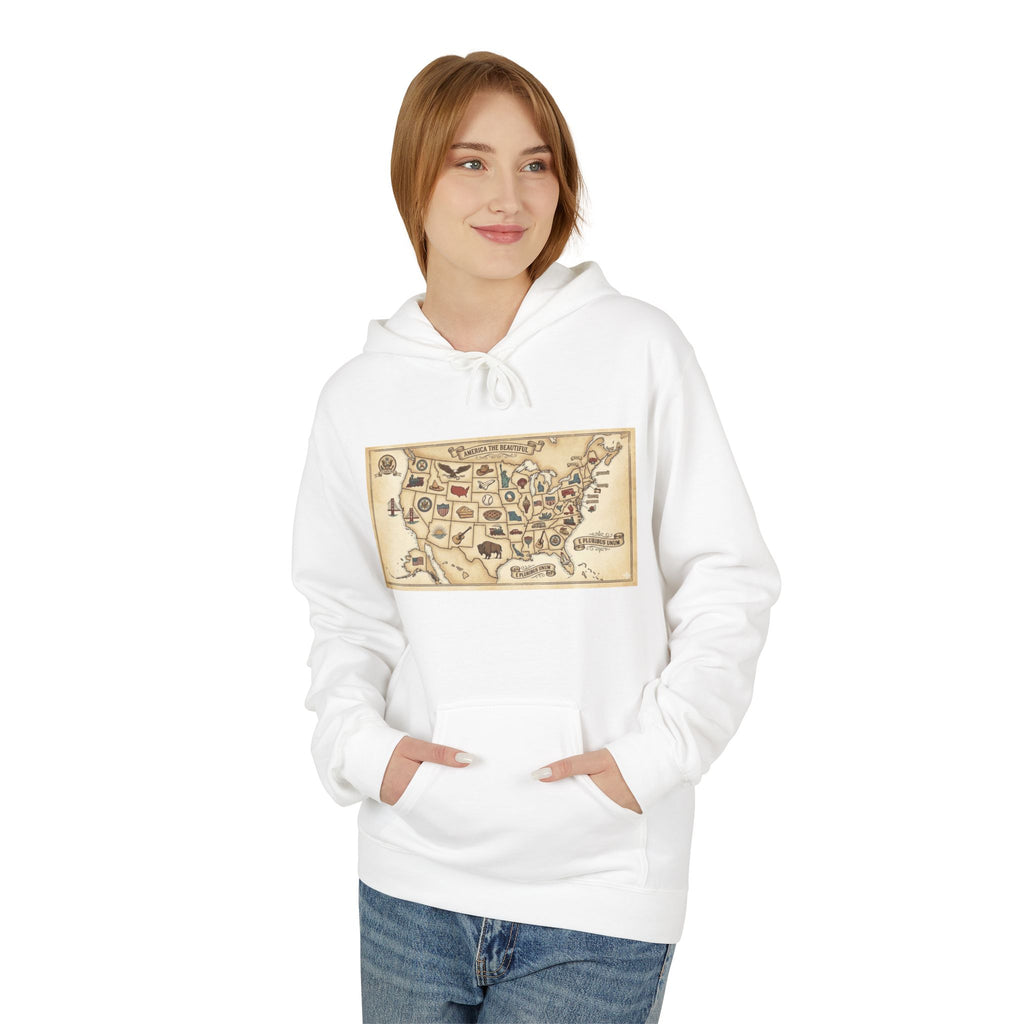 Vintage USA Map Hoodie — Retro Illustrated State Icons Travel Sweatshirt