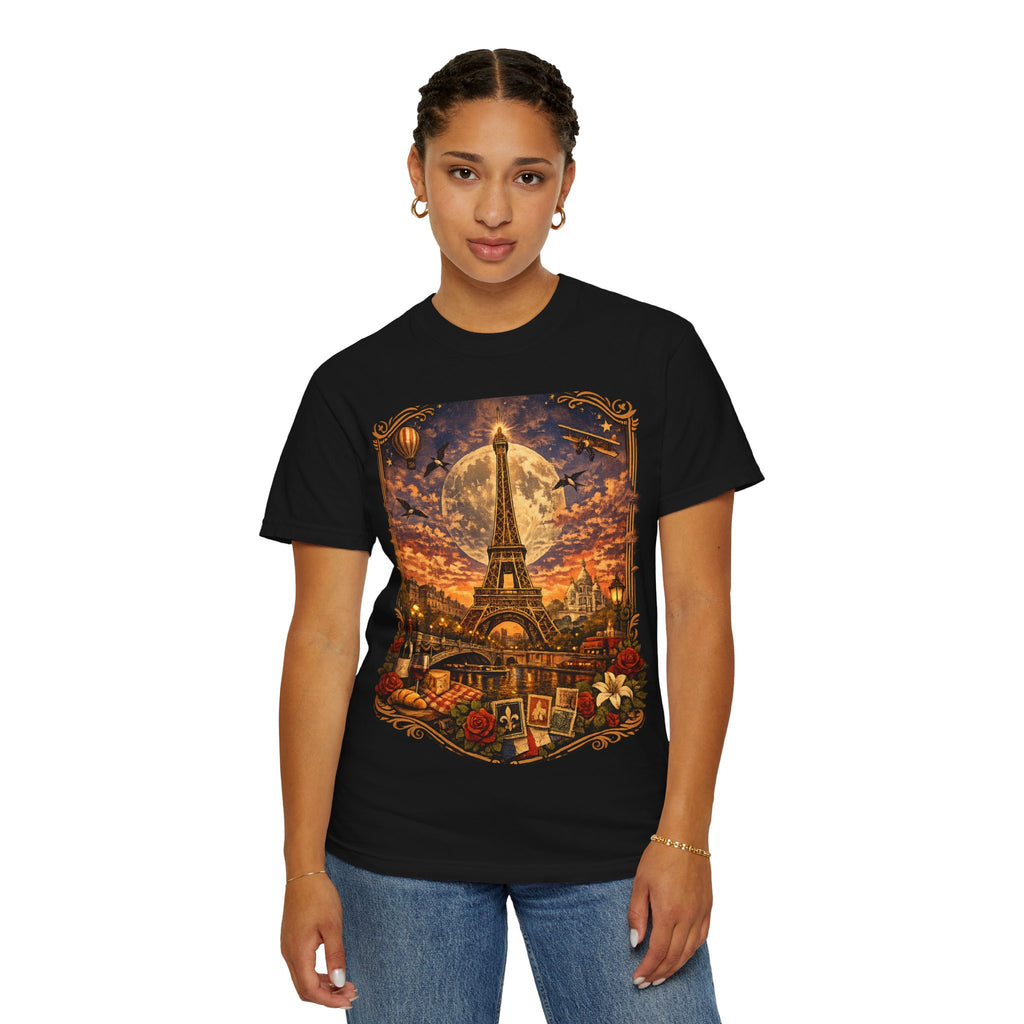Eiffel Tower Paris Vintage Travel T-Shirt — Moonlit Scenic Souvenir Tee