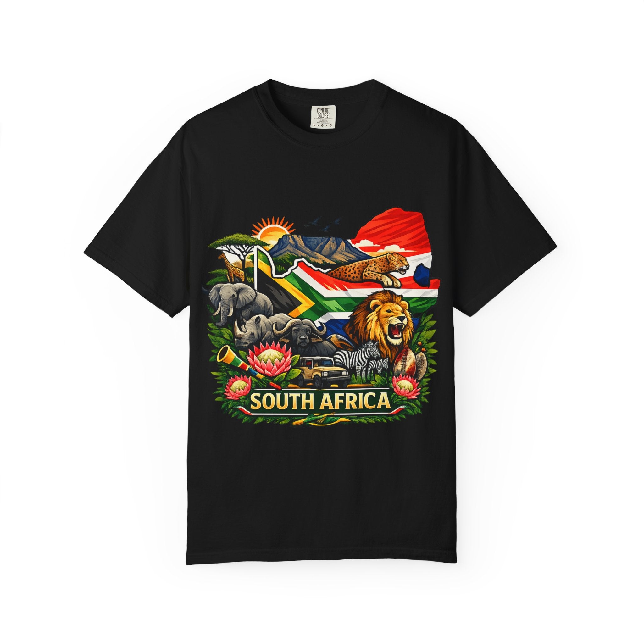 South Africa Wildlife Graphic T-Shirt — Lion, Rhino & Protea Design