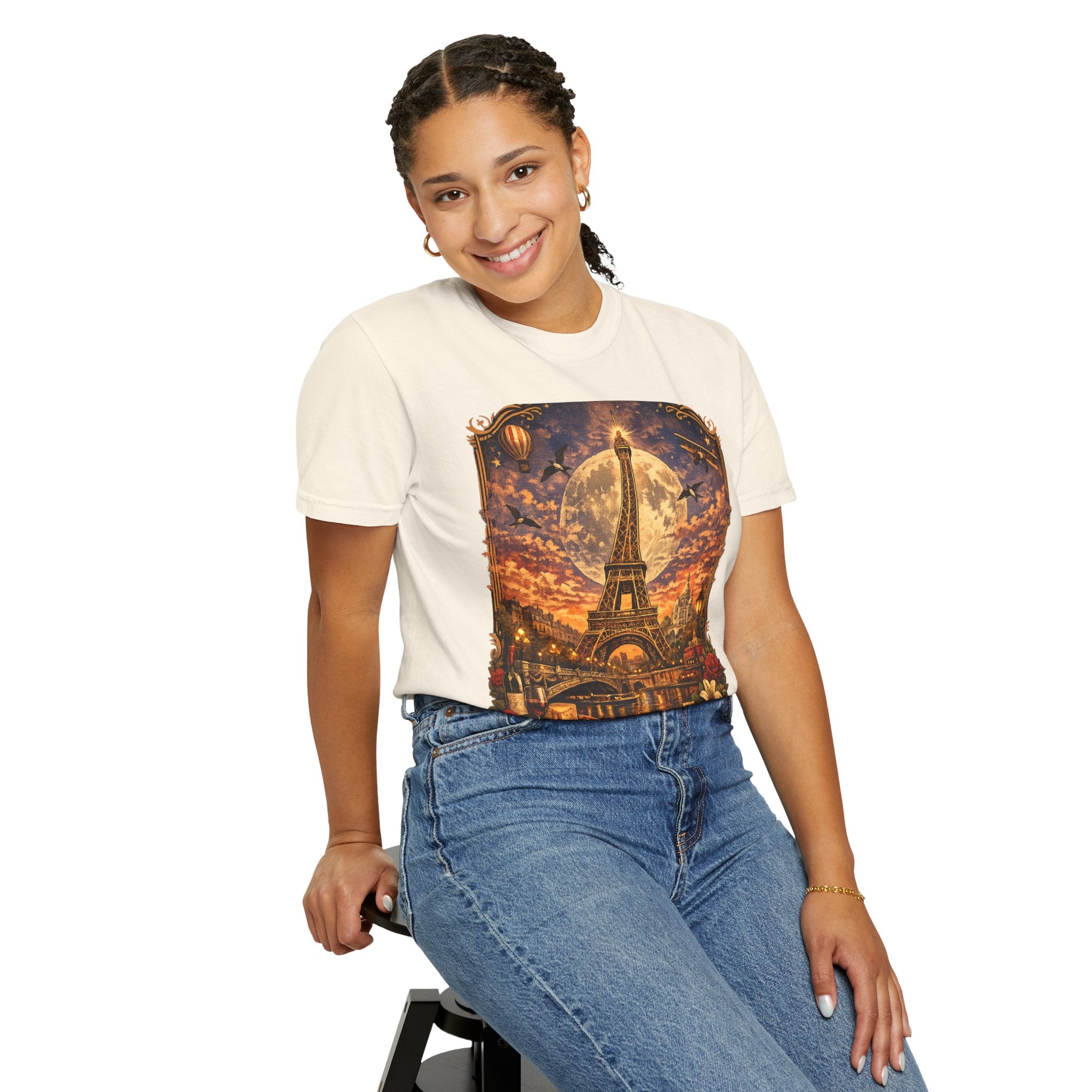 Eiffel Tower Paris Vintage Travel T-Shirt — Moonlit Scenic Souvenir Tee