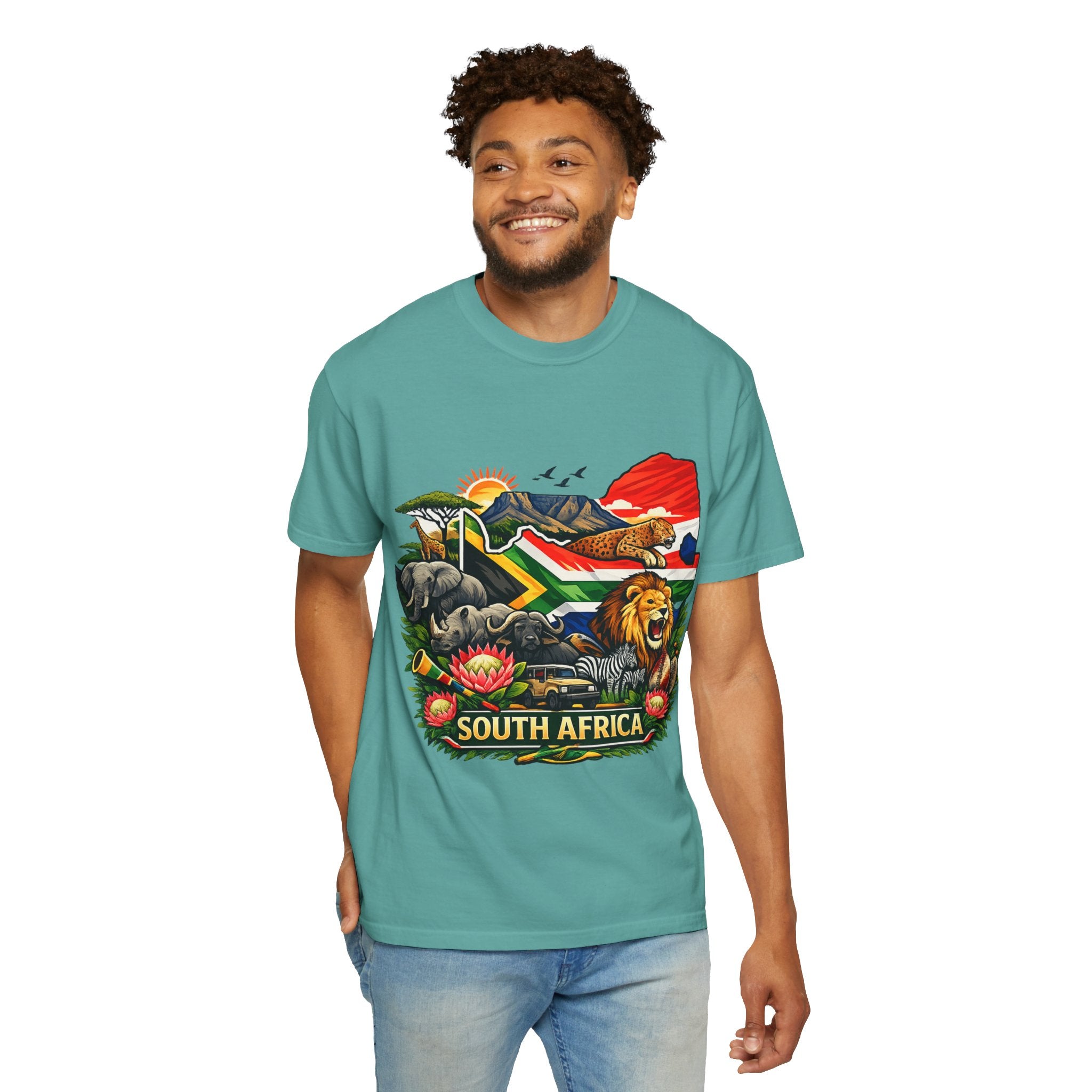 South Africa Wildlife Graphic T-Shirt — Lion, Rhino & Protea Design