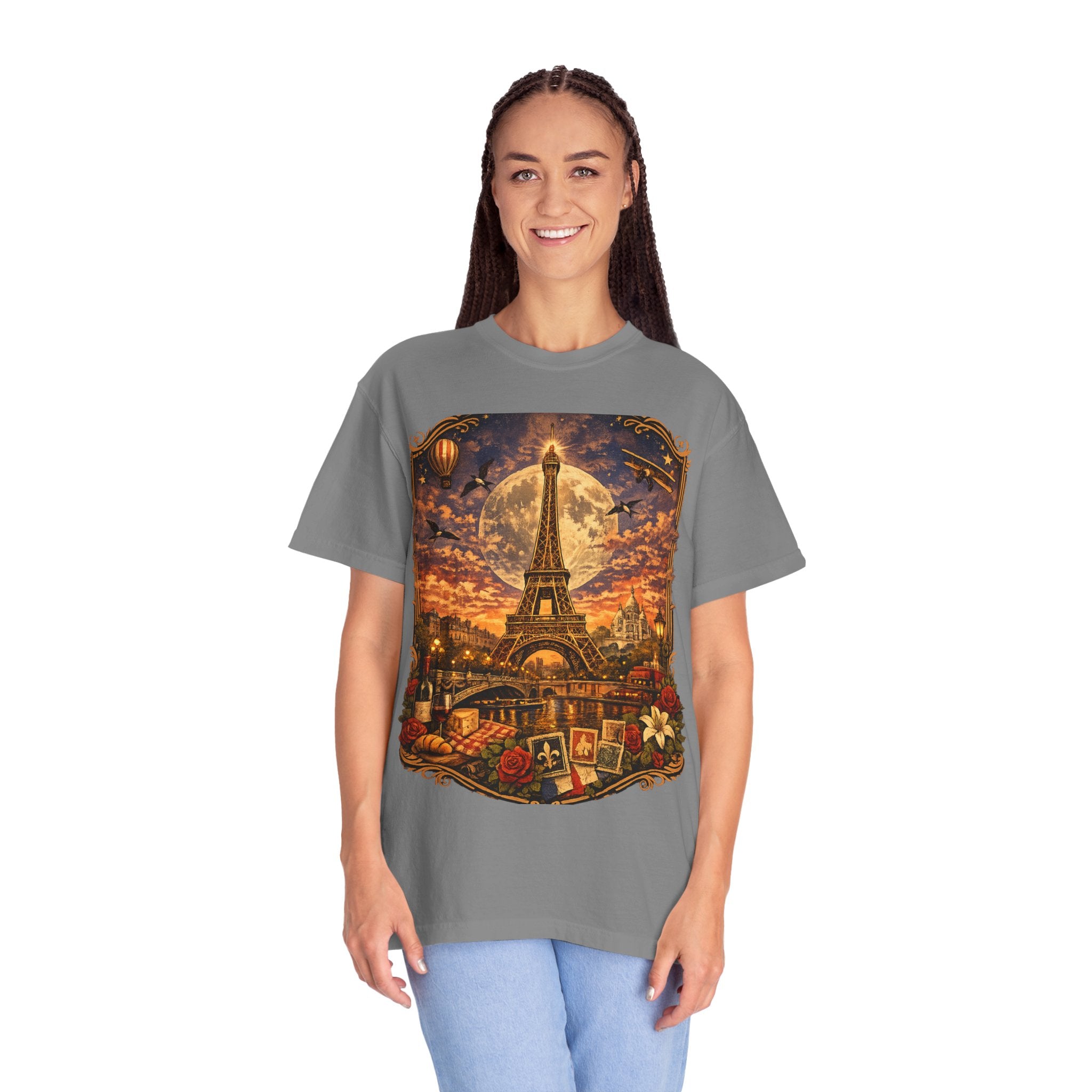 Eiffel Tower Paris Vintage Travel T-Shirt — Moonlit Scenic Souvenir Tee
