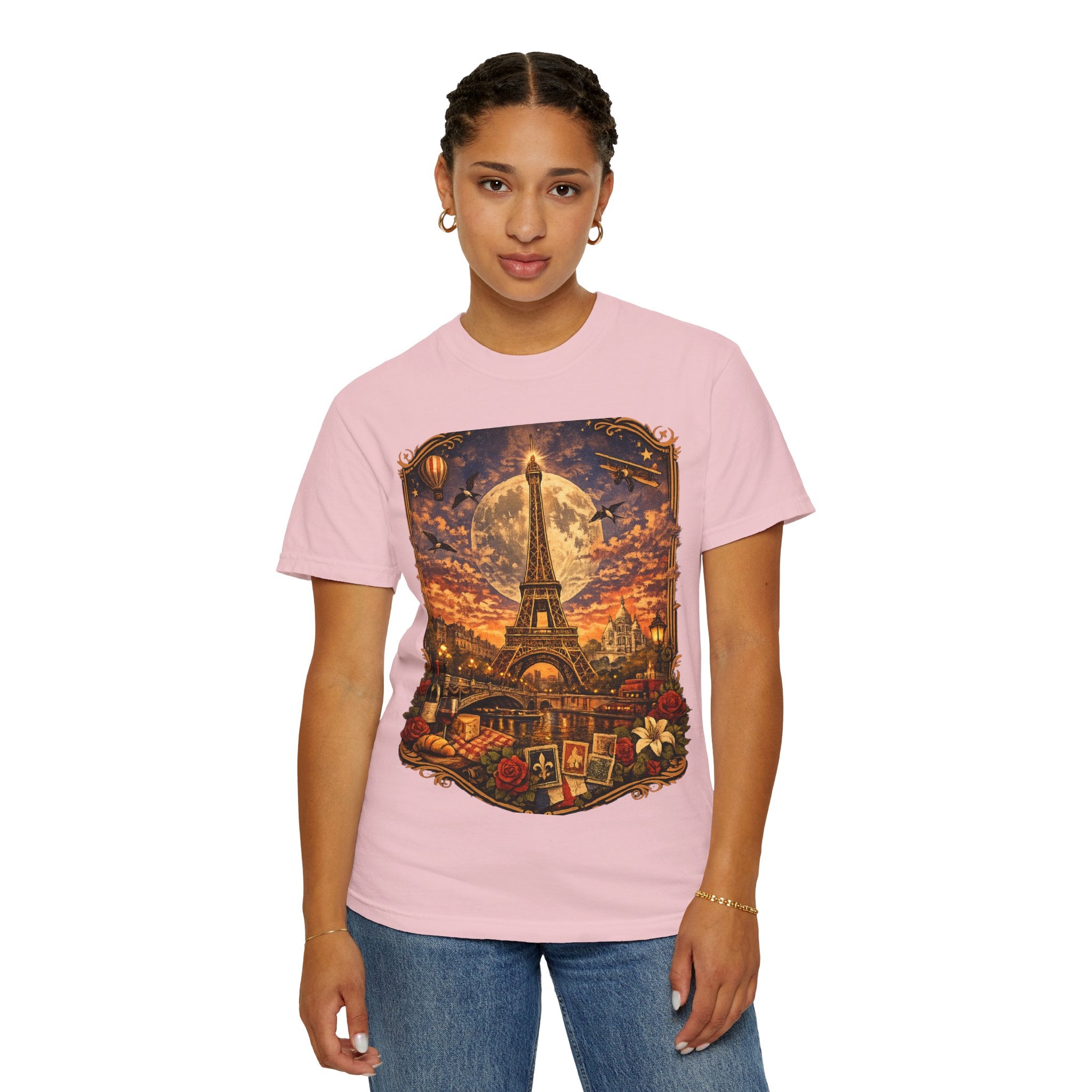 Eiffel Tower Paris Vintage Travel T-Shirt — Moonlit Scenic Souvenir Tee