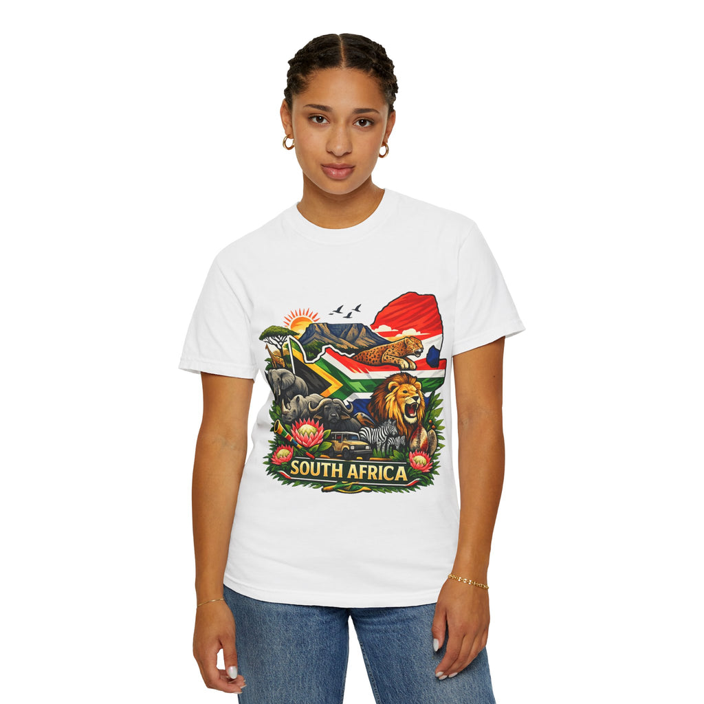 South Africa Wildlife Graphic T-Shirt — Lion, Rhino & Protea Design