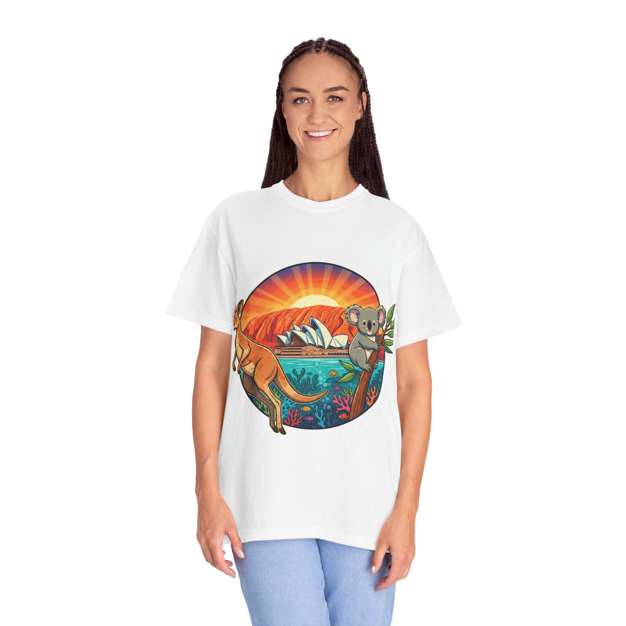 Australian Wildlife Sunset T-Shirt — Kangaroo & Koala Scenic Tee