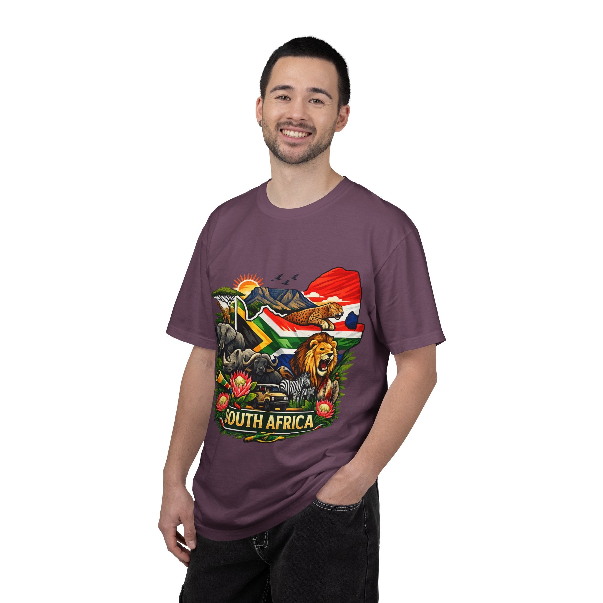 South Africa Wildlife Graphic T-Shirt — Lion, Rhino & Protea Design