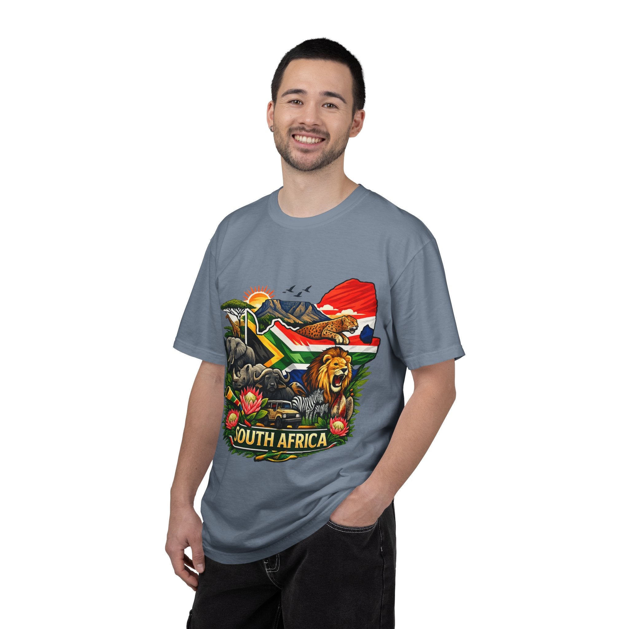 South Africa Wildlife Graphic T-Shirt — Lion, Rhino & Protea Design