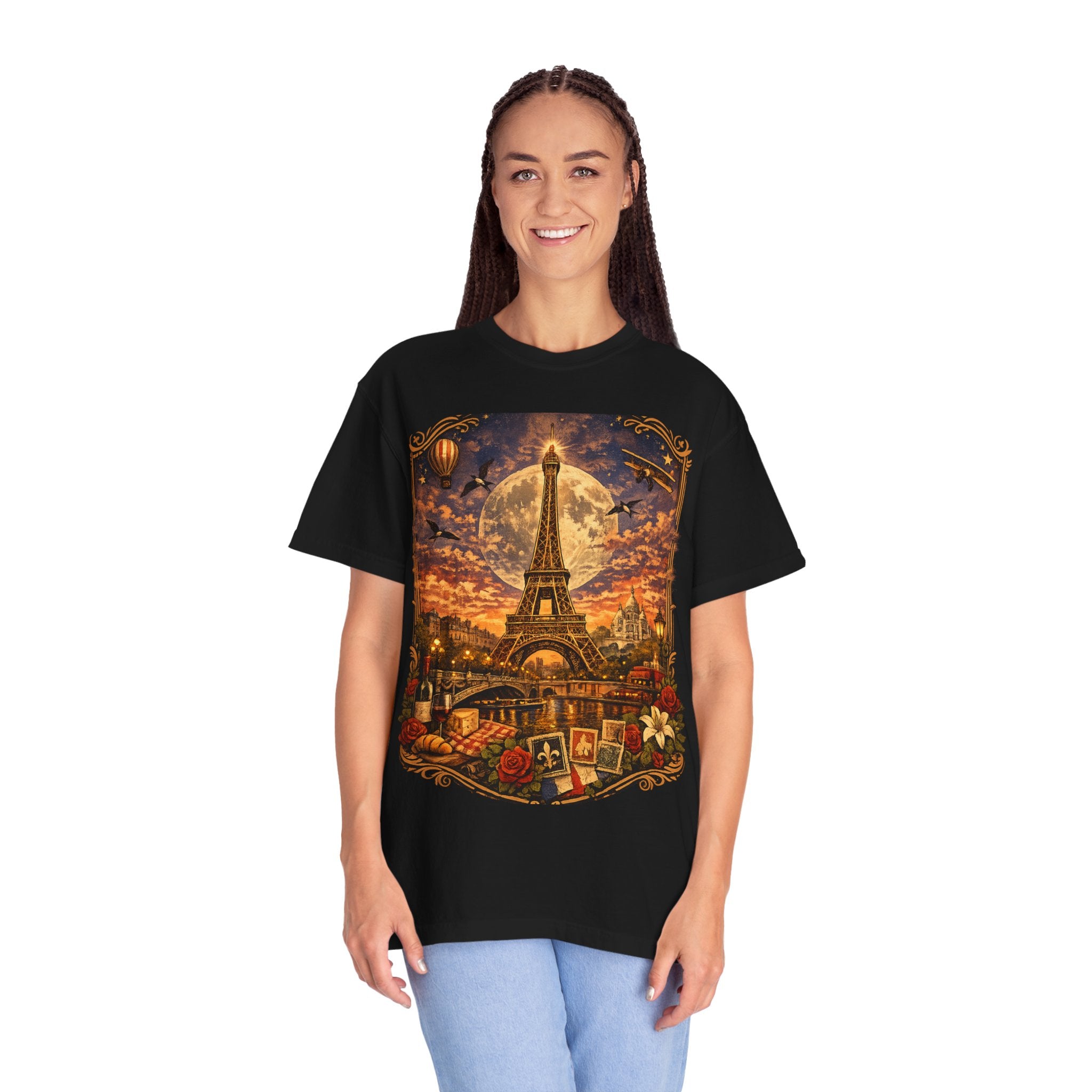 Eiffel Tower Paris Vintage Travel T-Shirt — Moonlit Scenic Souvenir Tee