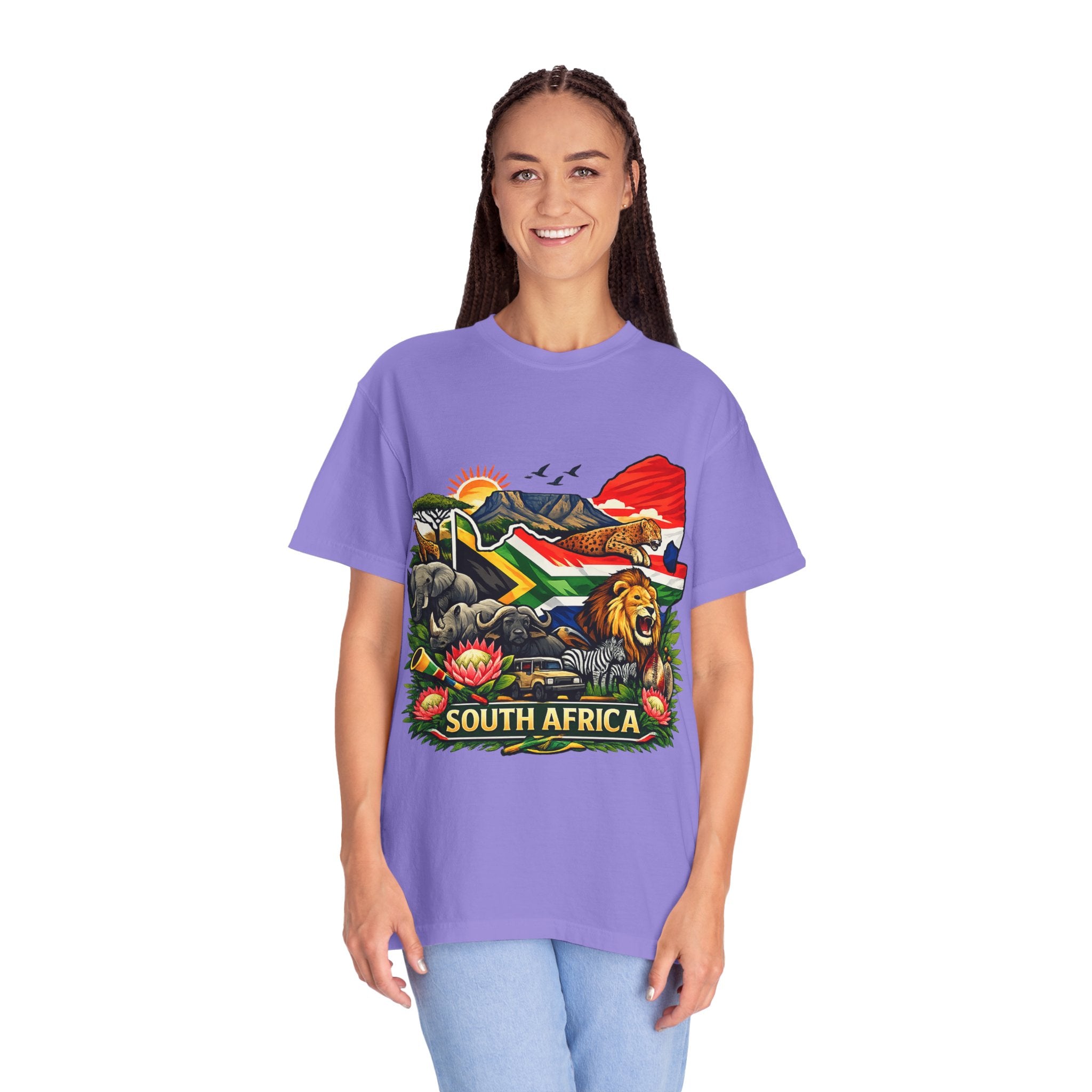 South Africa Wildlife Graphic T-Shirt — Lion, Rhino & Protea Design