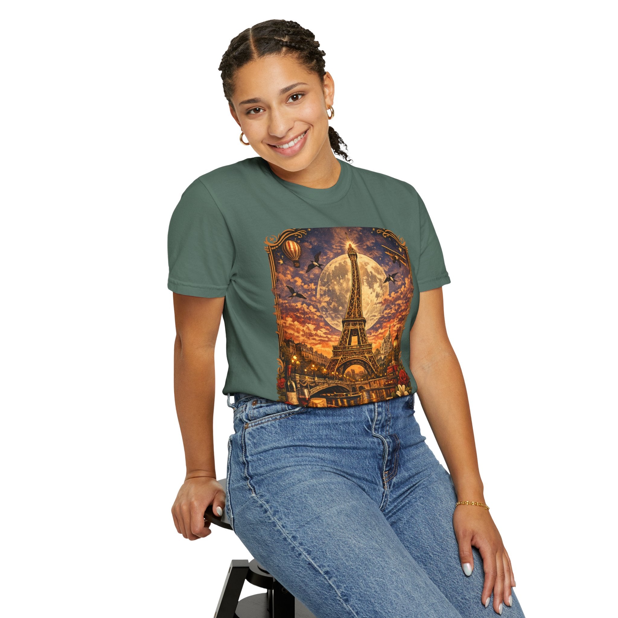 Eiffel Tower Paris Vintage Travel T-Shirt — Moonlit Scenic Souvenir Tee