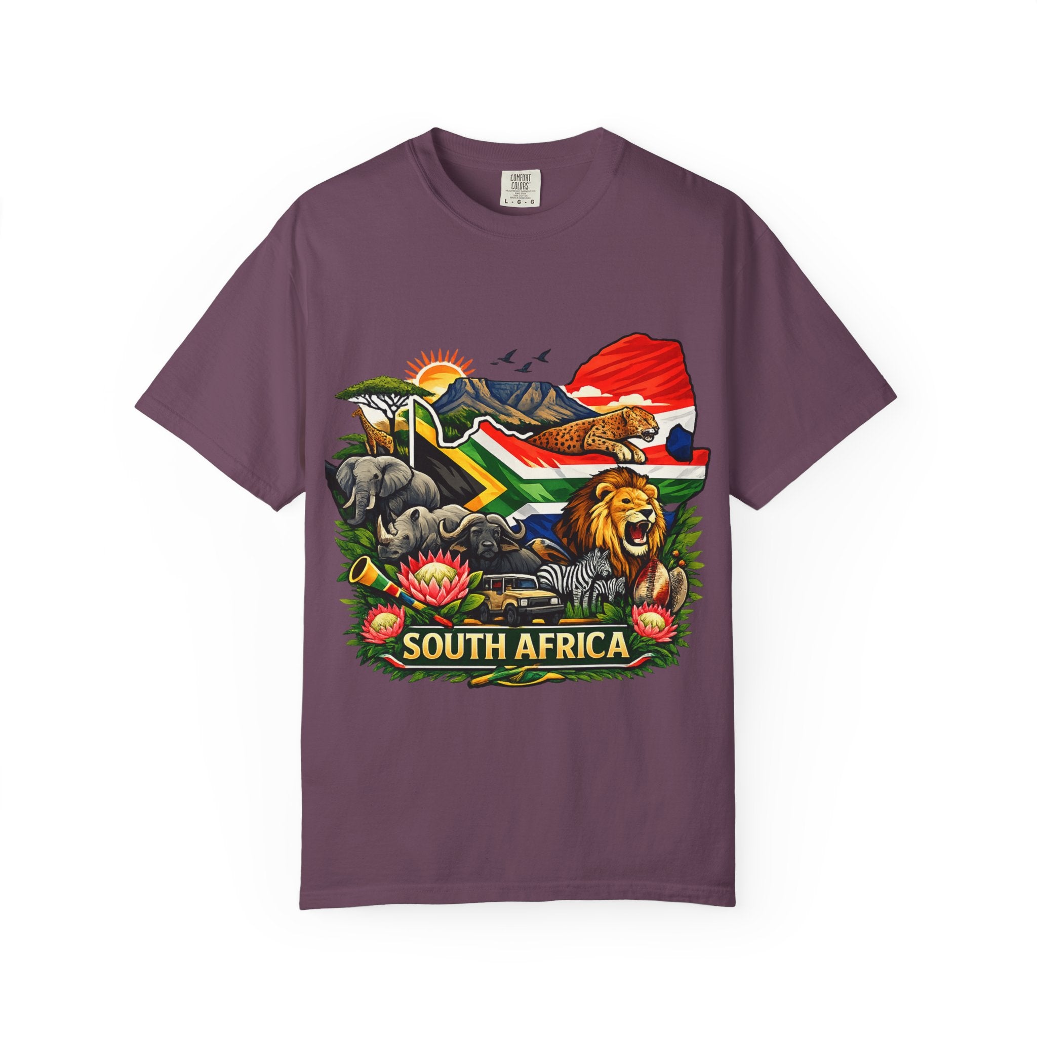 South Africa Wildlife Graphic T-Shirt — Lion, Rhino & Protea Design