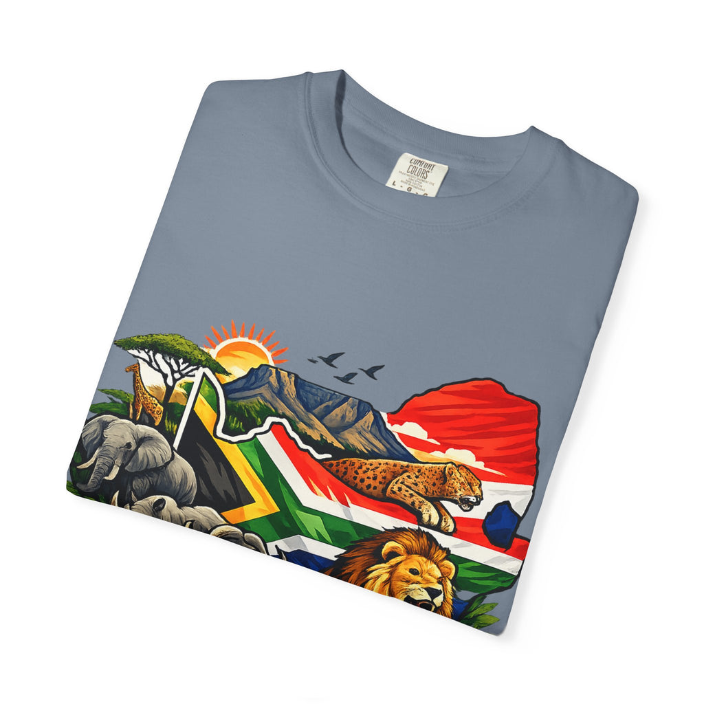 South Africa Wildlife Graphic T-Shirt — Lion, Rhino & Protea Design