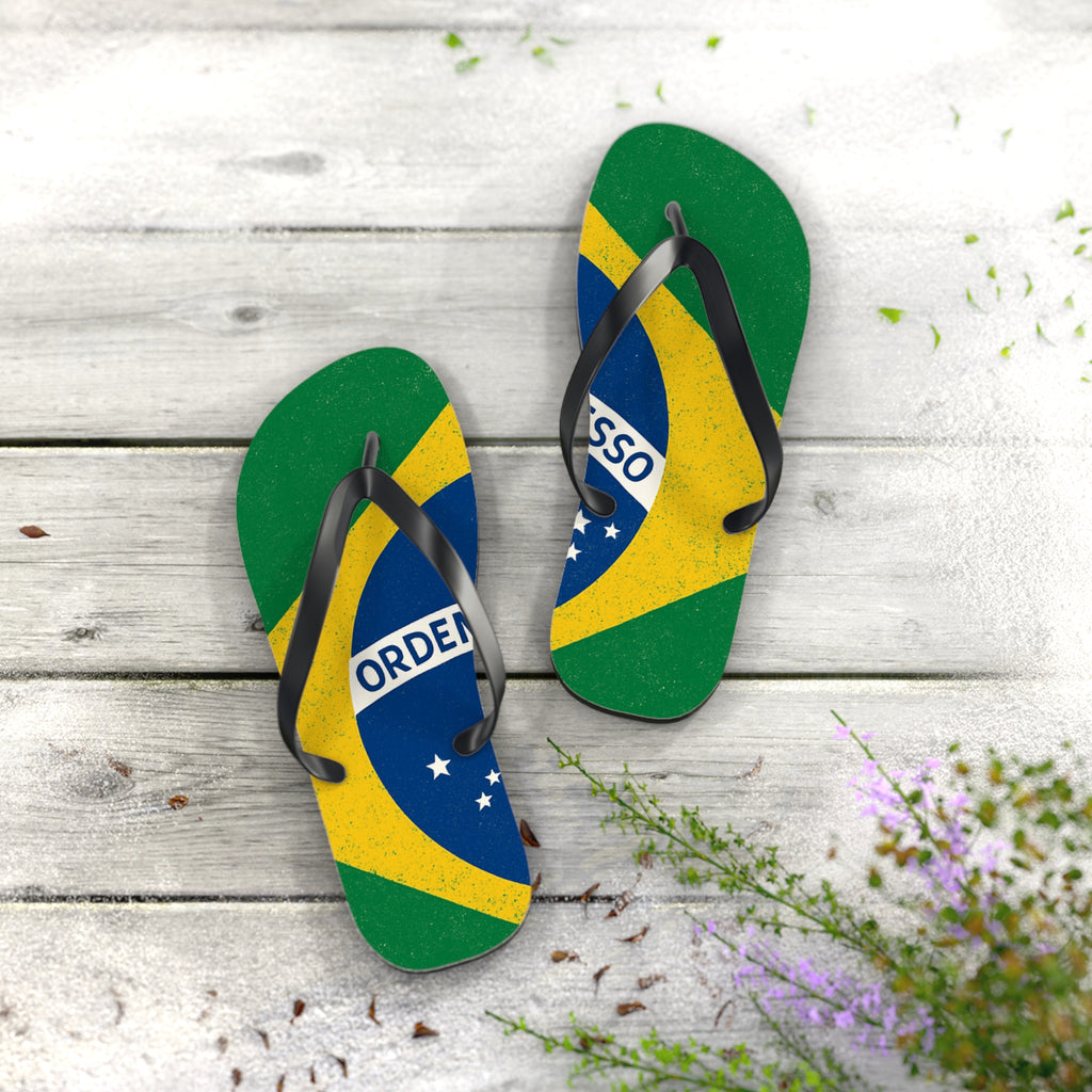 Brazil Flag Flip Flops - Patriotic Beach Sandals with Ordem e Progresso Design