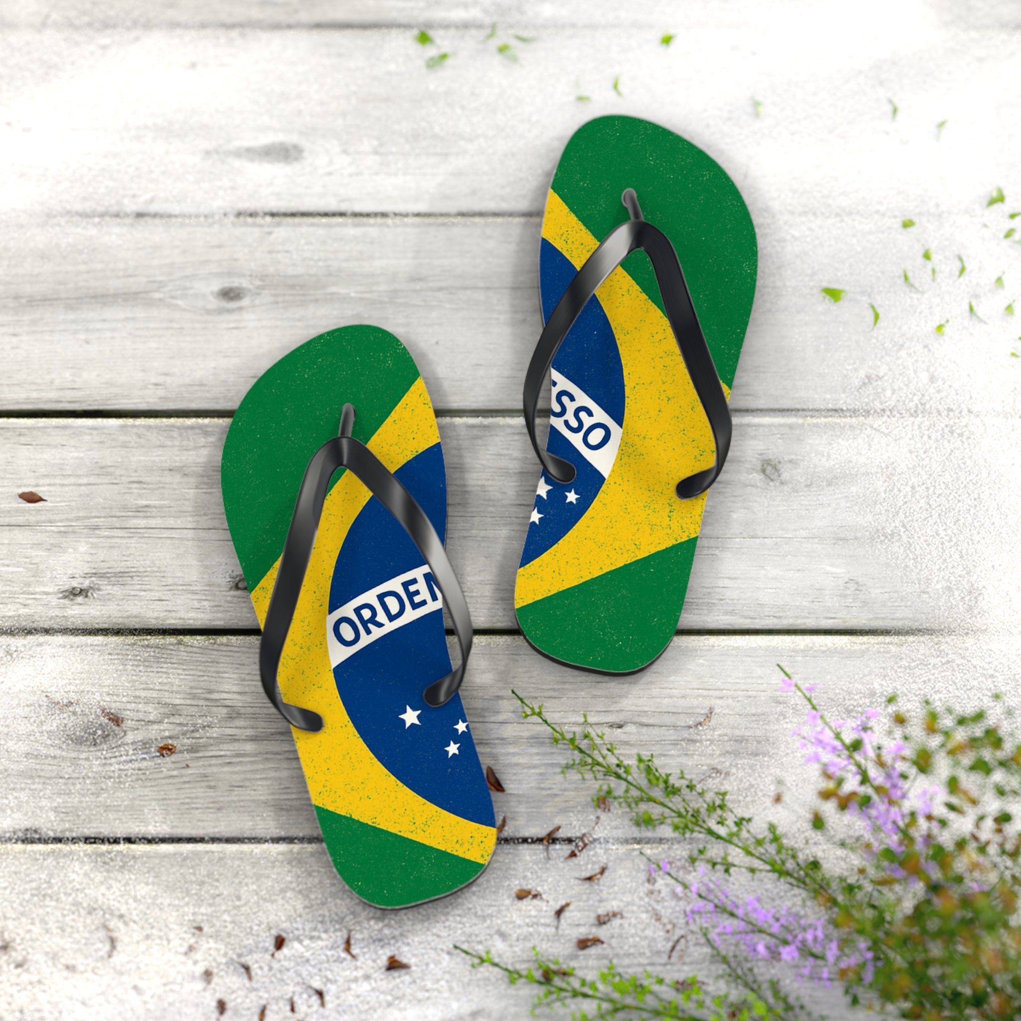 Brazil Flag Flip Flops - Patriotic Beach Sandals with Ordem e Progresso Design