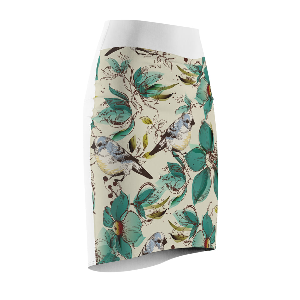 Jupe crayon turquoise à motifs floraux et d'oiseaux — Imprimé botanique vintage 
