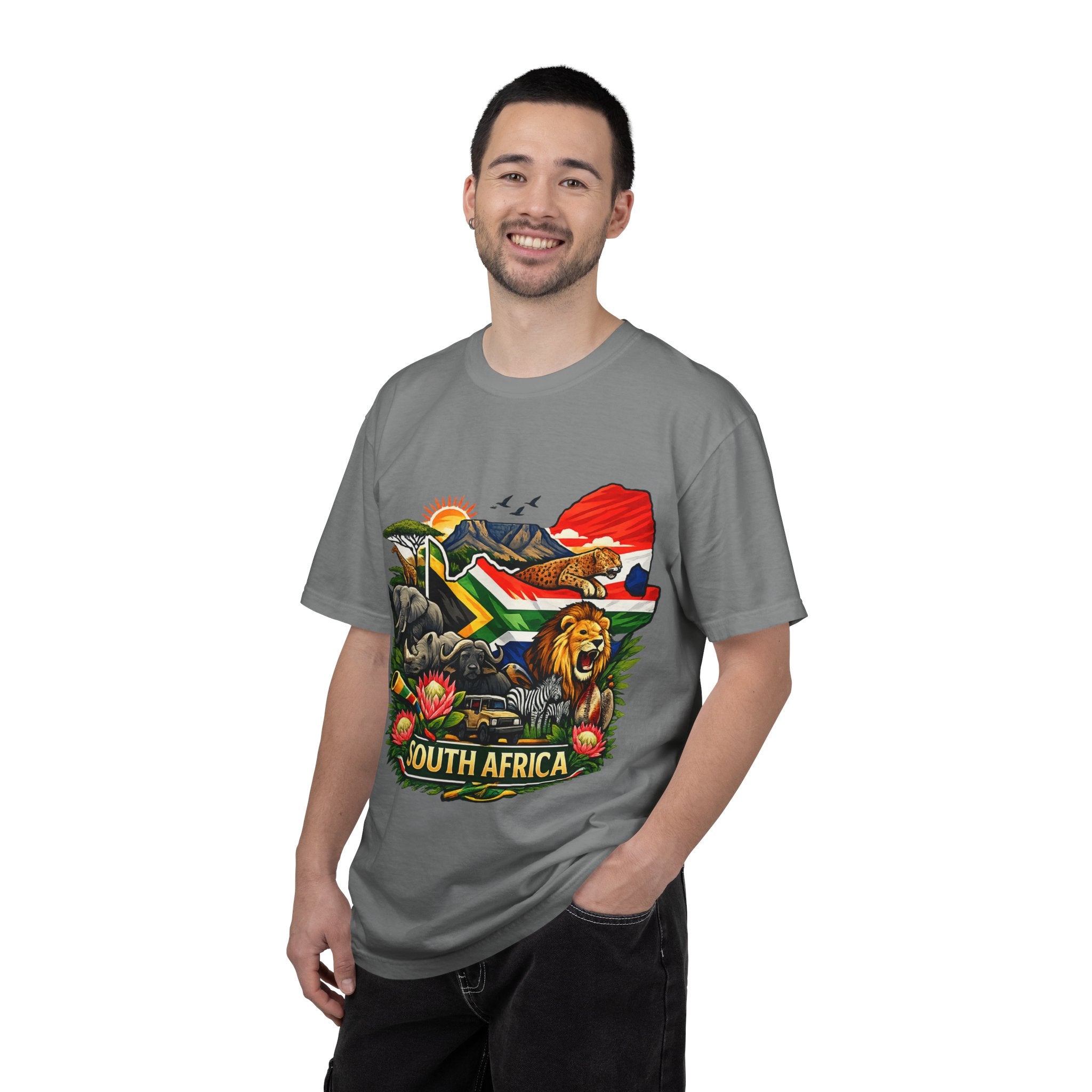 South Africa Wildlife Graphic T-Shirt — Lion, Rhino & Protea Design