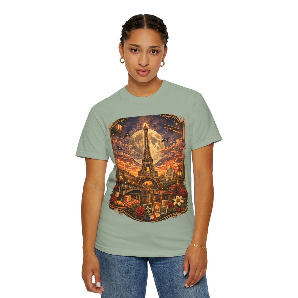 Eiffel Tower Paris Vintage Travel T-Shirt — Moonlit Scenic Souvenir Tee