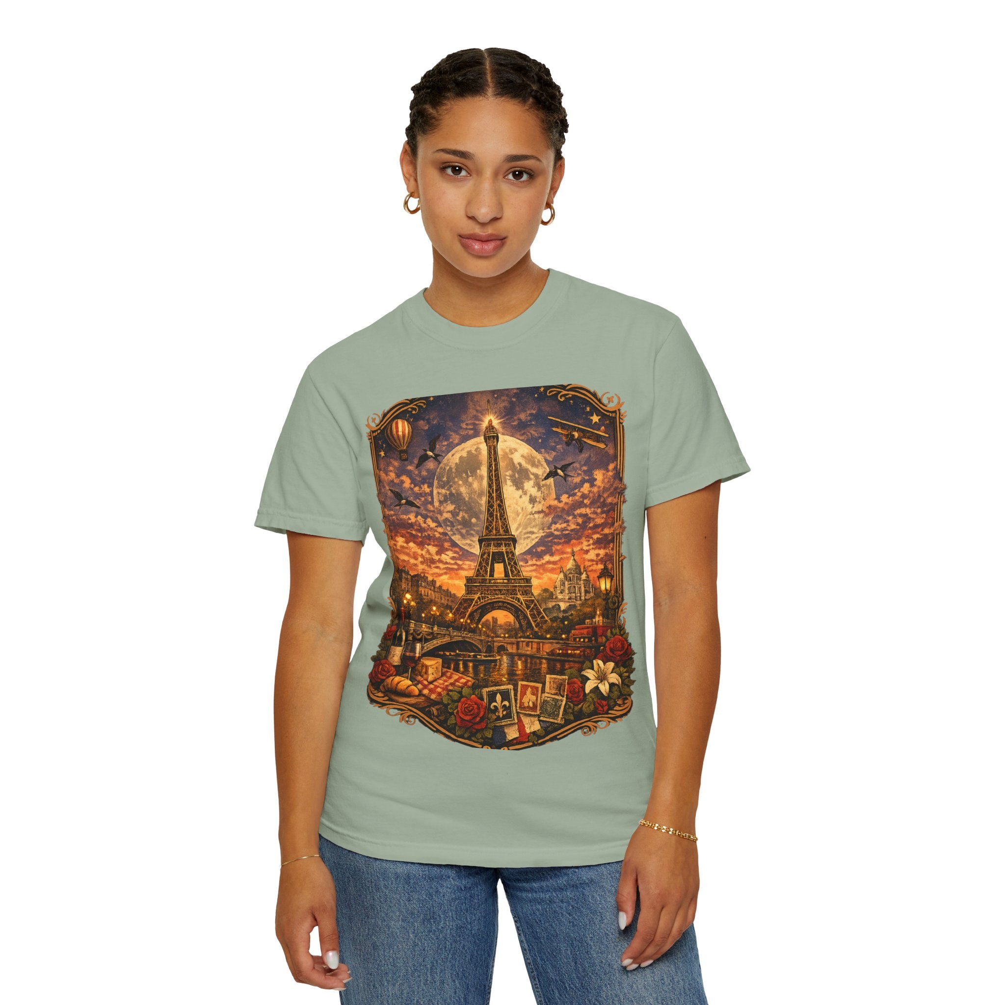 Eiffel Tower Paris Vintage Travel T-Shirt — Moonlit Scenic Souvenir Tee