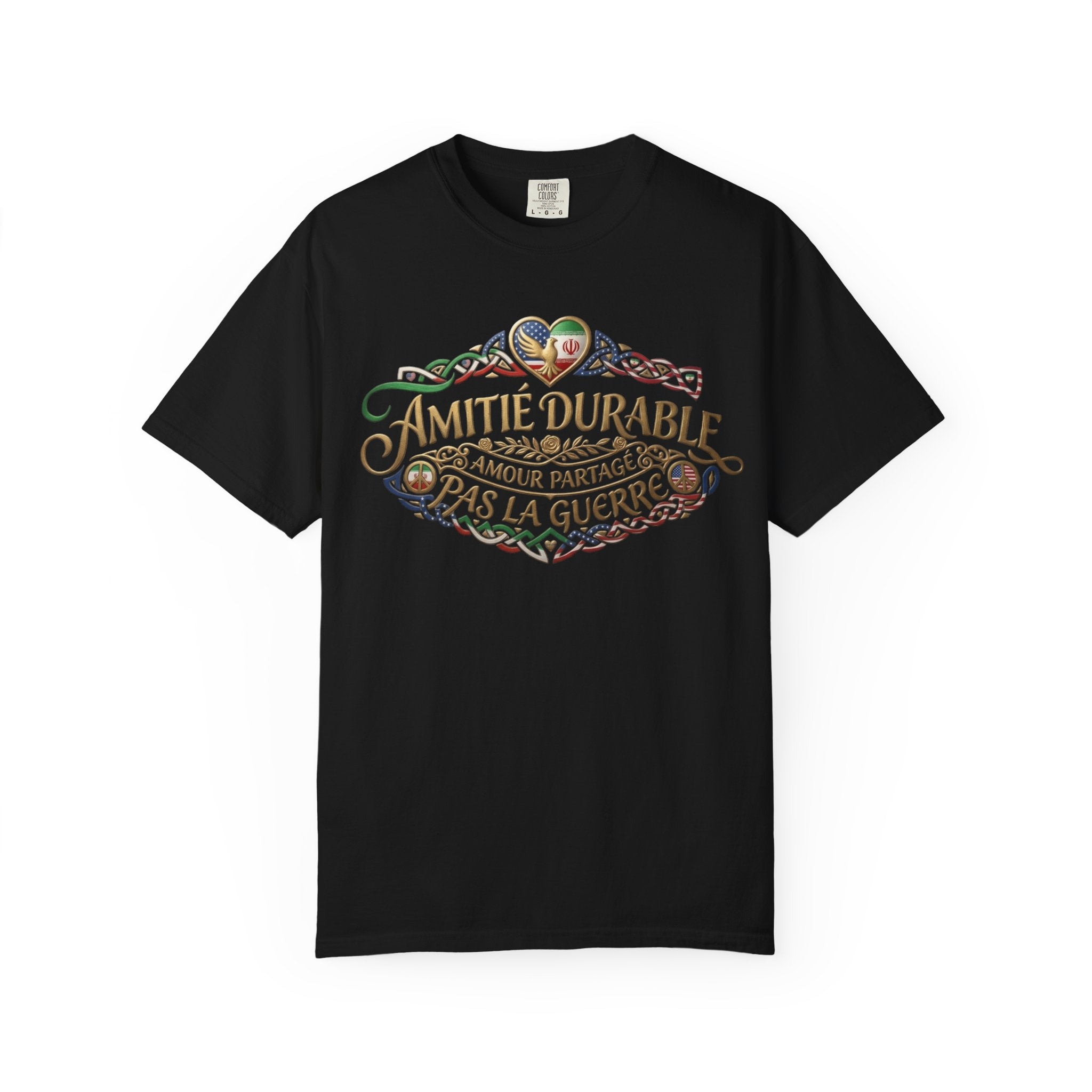 T-Shirt — "Amitié Durable, Amour Partagé, Pas la Guerre" Vintage Peace Heart Design