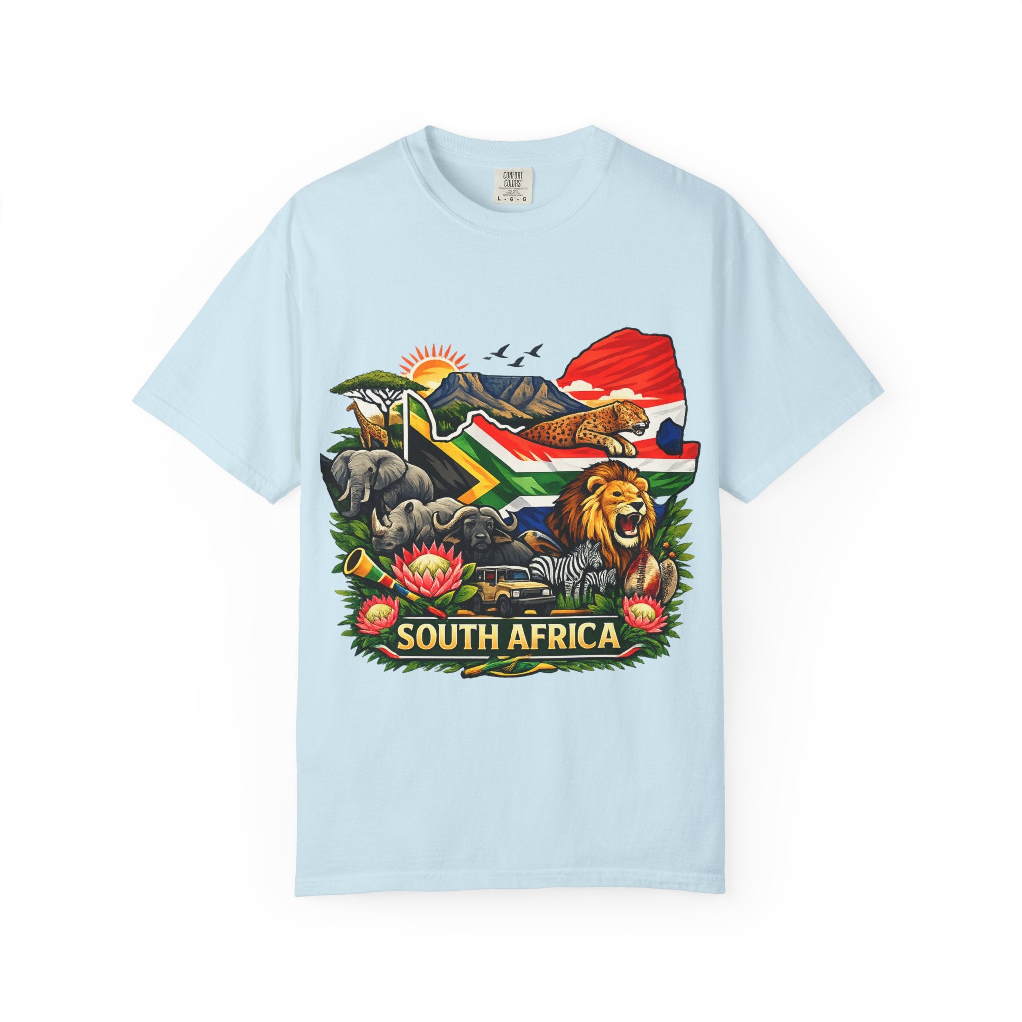South Africa Wildlife Graphic T-Shirt — Lion, Rhino & Protea Design