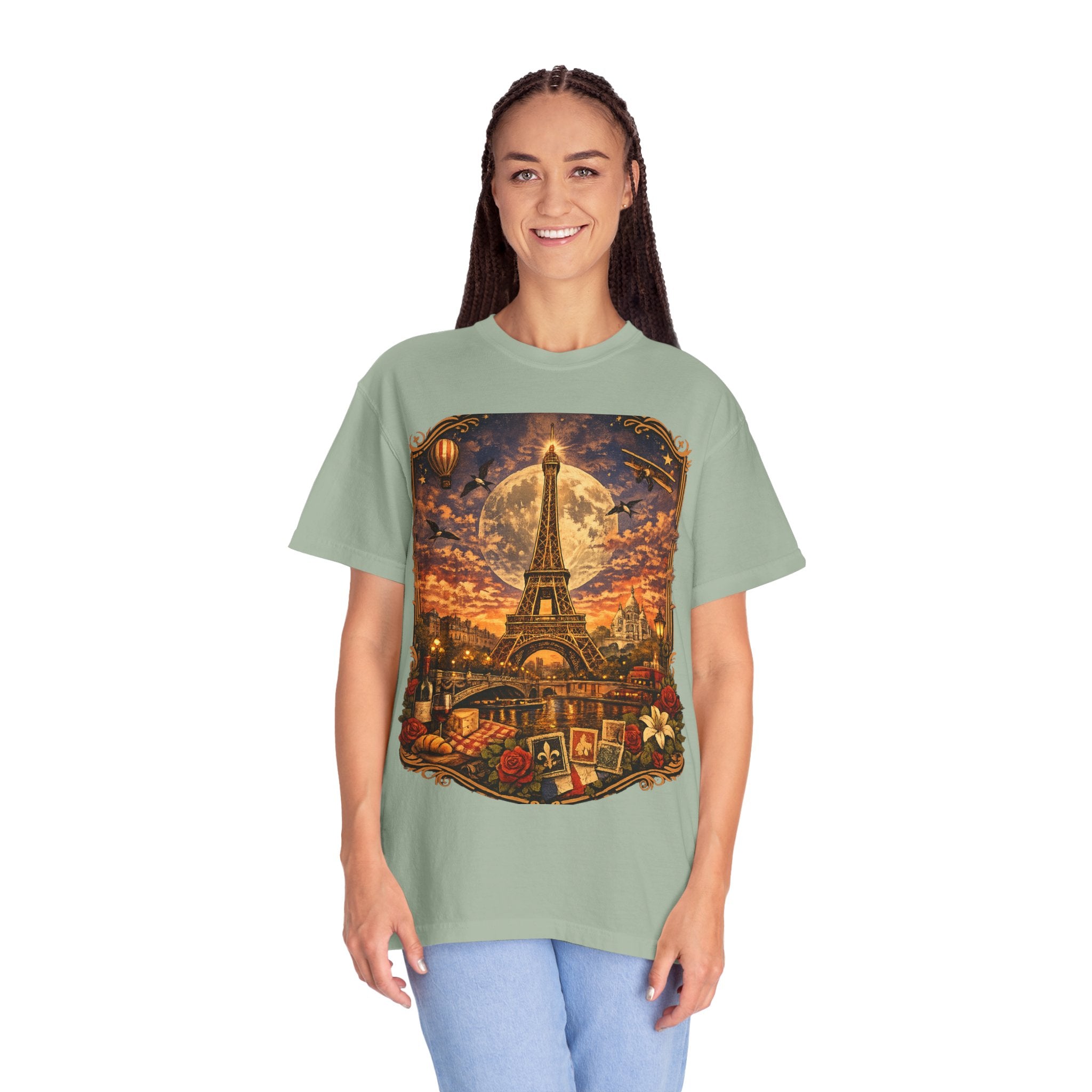 Eiffel Tower Paris Vintage Travel T-Shirt — Moonlit Scenic Souvenir Tee