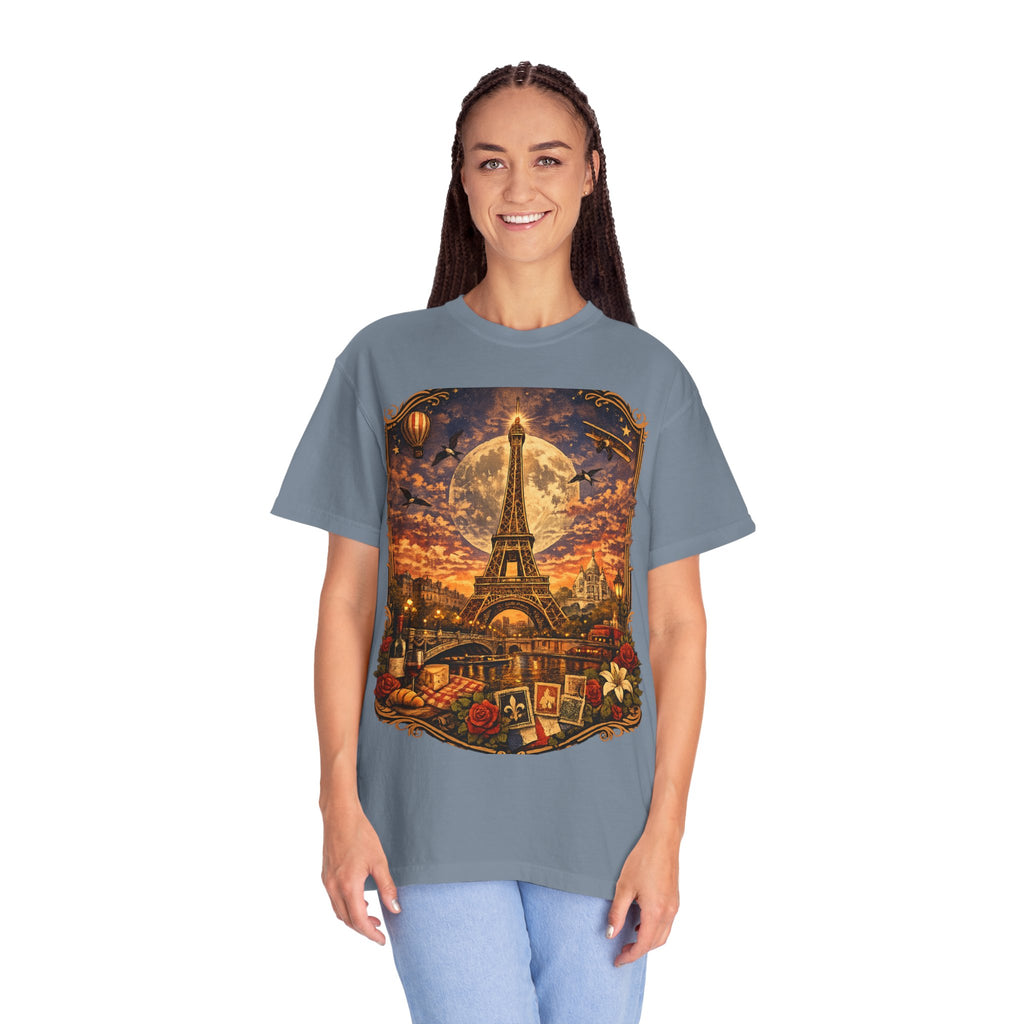 Eiffel Tower Paris Vintage Travel T-Shirt — Moonlit Scenic Souvenir Tee
