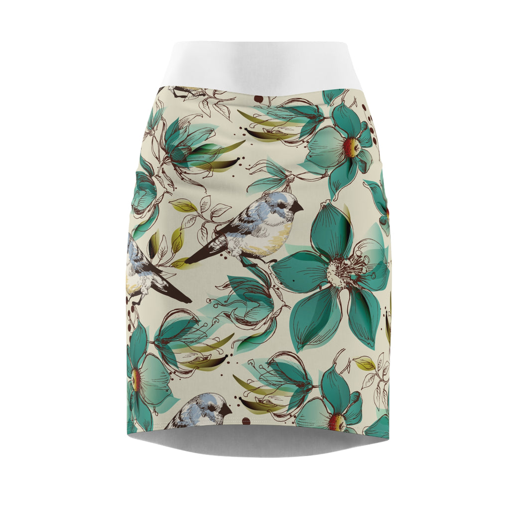 Jupe crayon turquoise à motifs floraux et d'oiseaux — Imprimé botanique vintage 