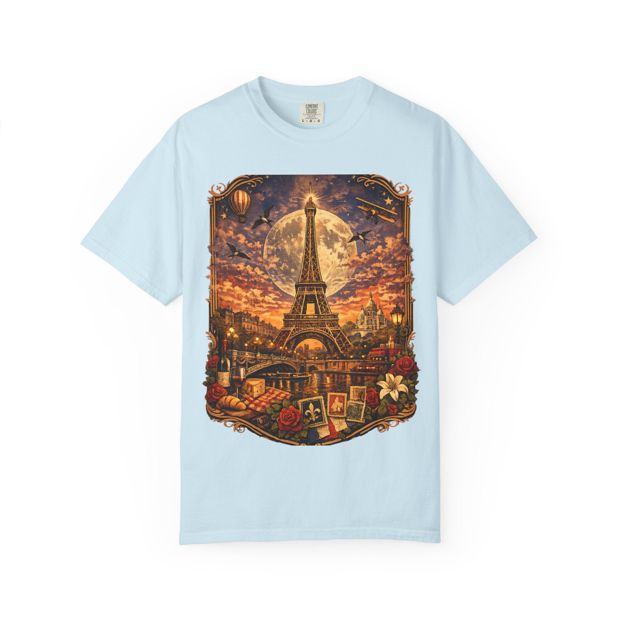 Eiffel Tower Paris Vintage Travel T-Shirt — Moonlit Scenic Souvenir Tee