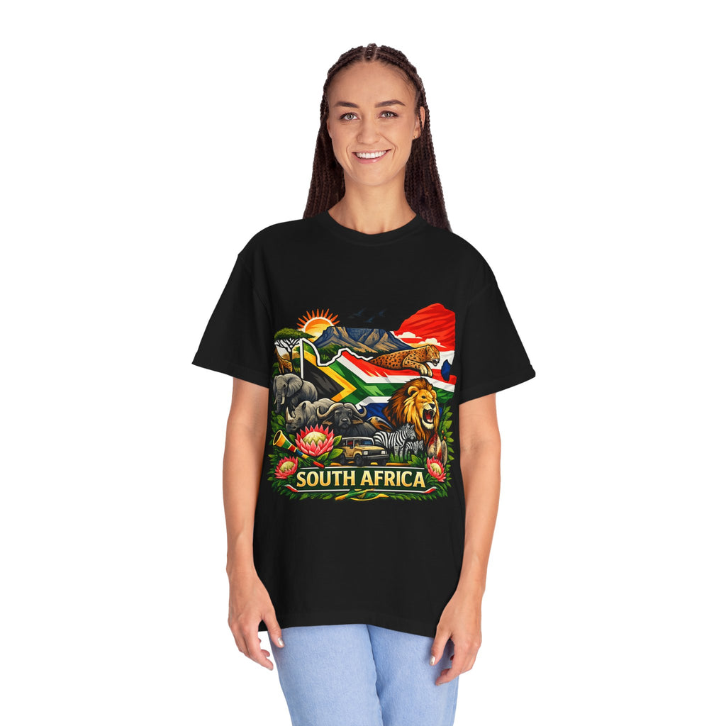South Africa Wildlife Graphic T-Shirt — Lion, Rhino & Protea Design