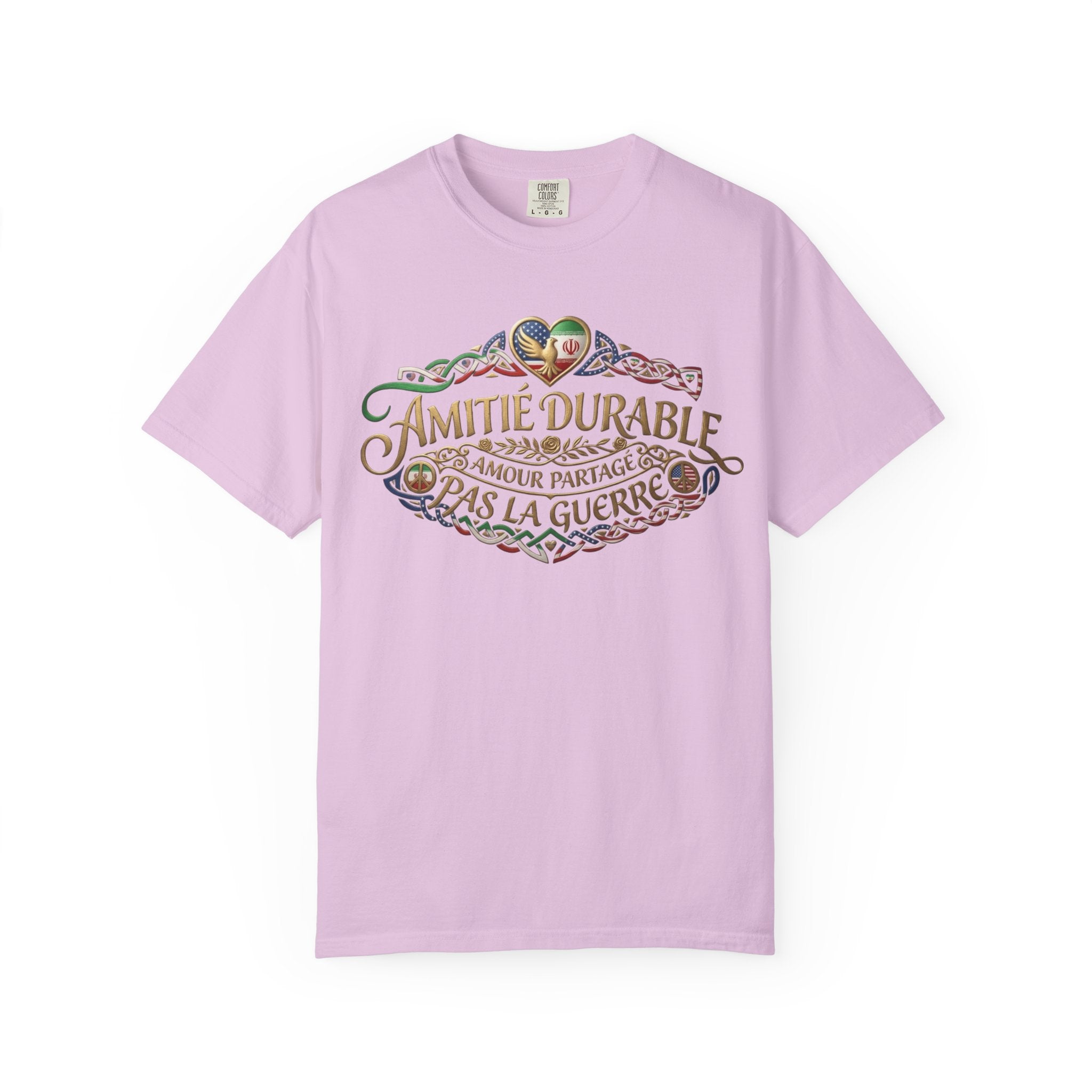 T-Shirt — "Amitié Durable, Amour Partagé, Pas la Guerre" Vintage Peace Heart Design