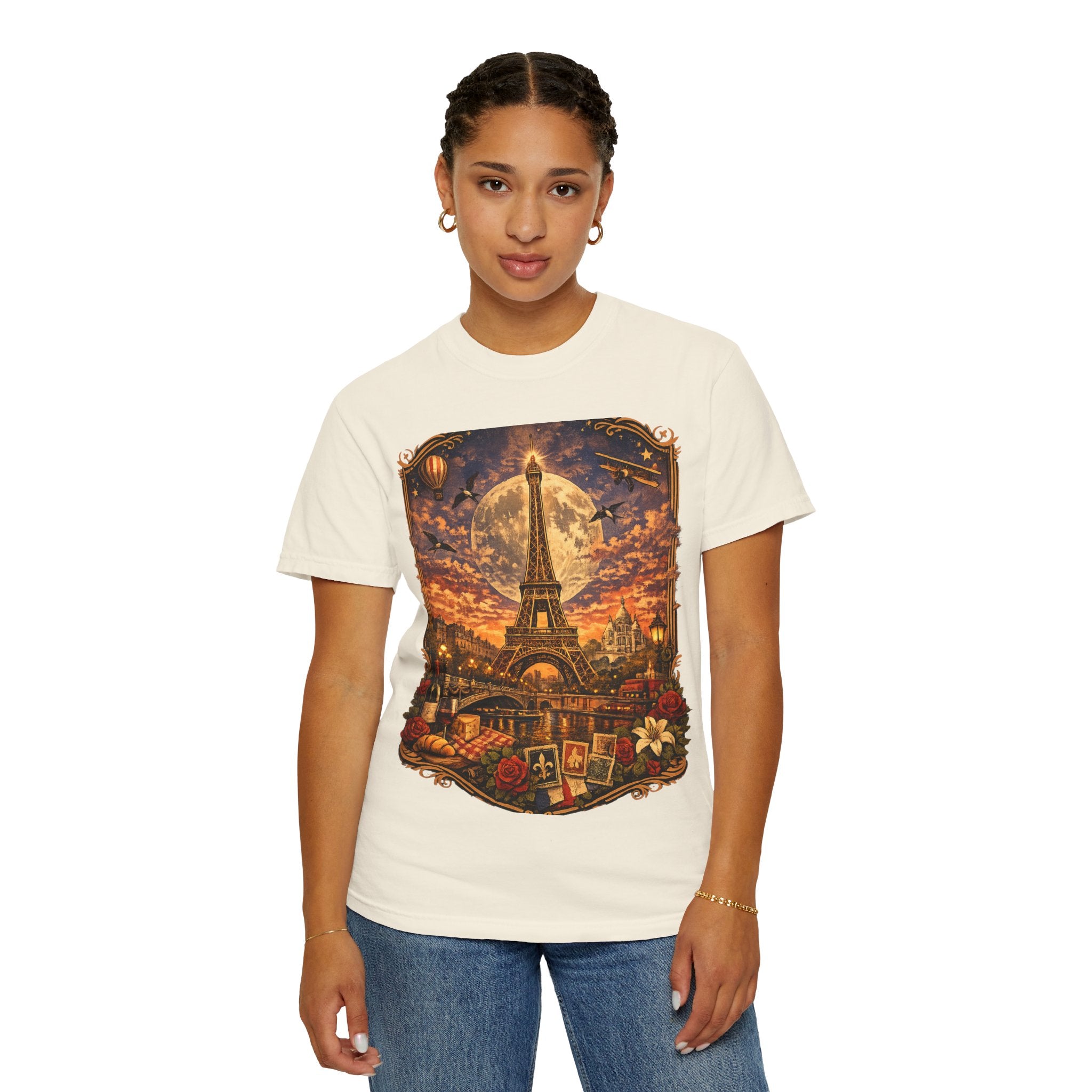 Eiffel Tower Paris Vintage Travel T-Shirt — Moonlit Scenic Souvenir Tee