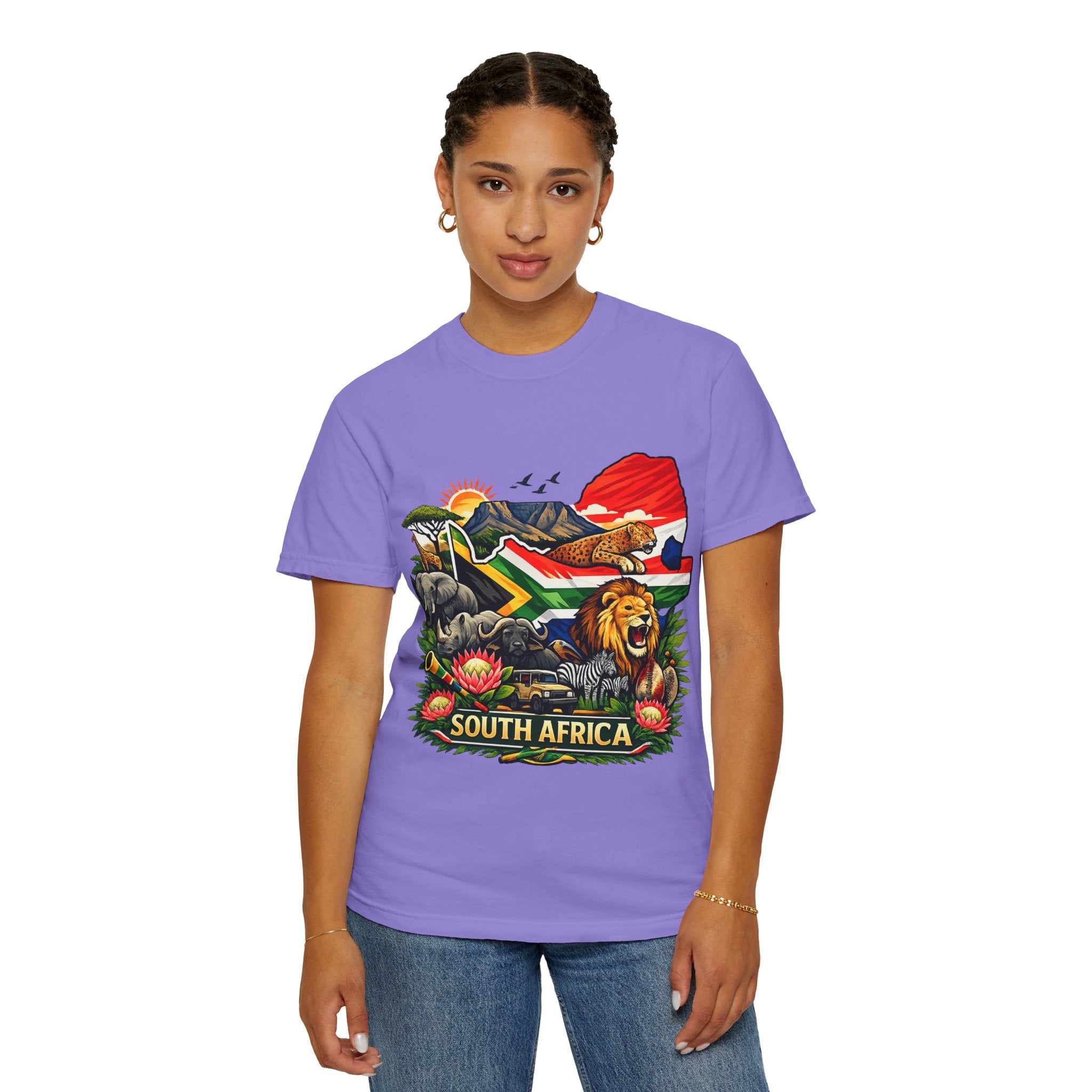 South Africa Wildlife Graphic T-Shirt — Lion, Rhino & Protea Design