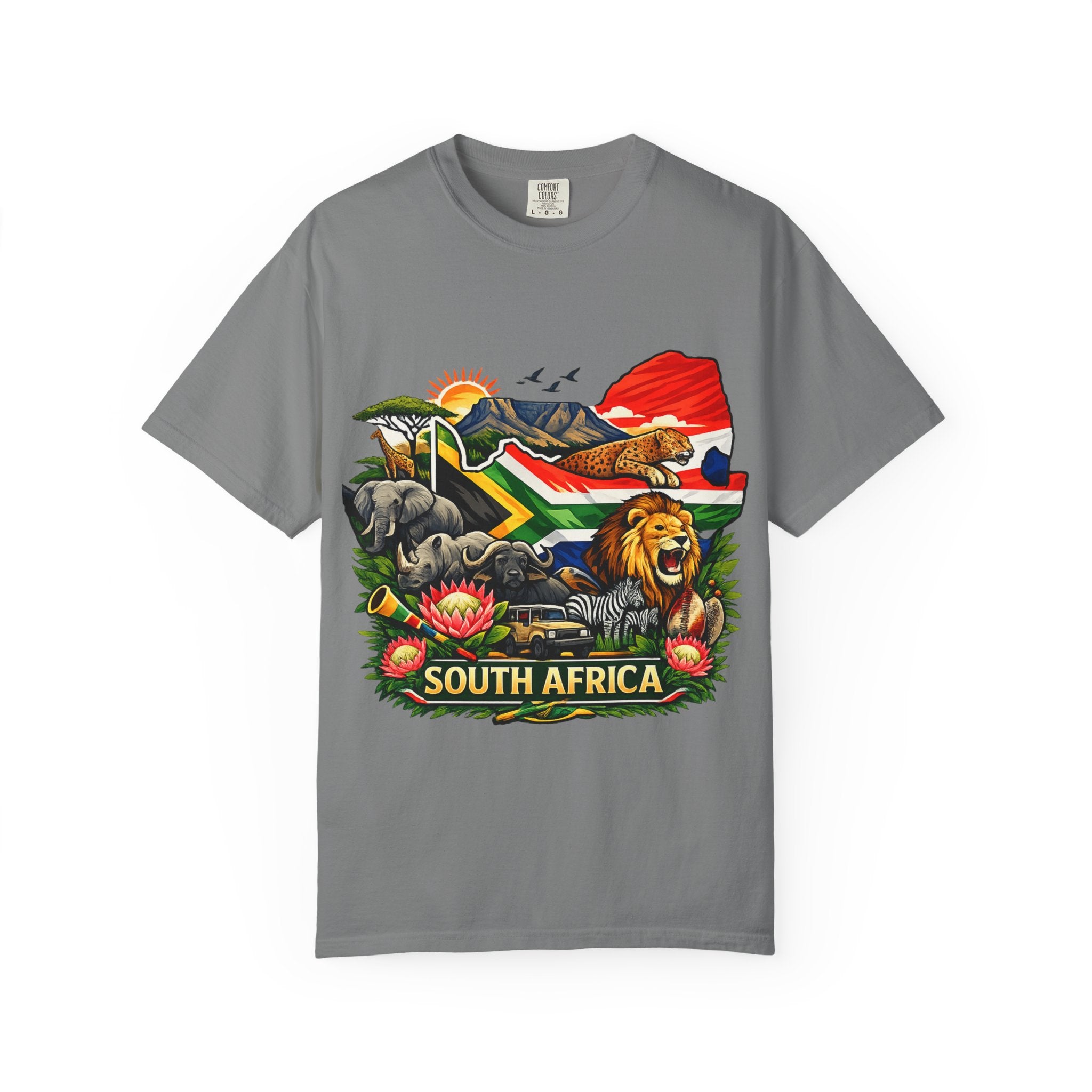 South Africa Wildlife Graphic T-Shirt — Lion, Rhino & Protea Design