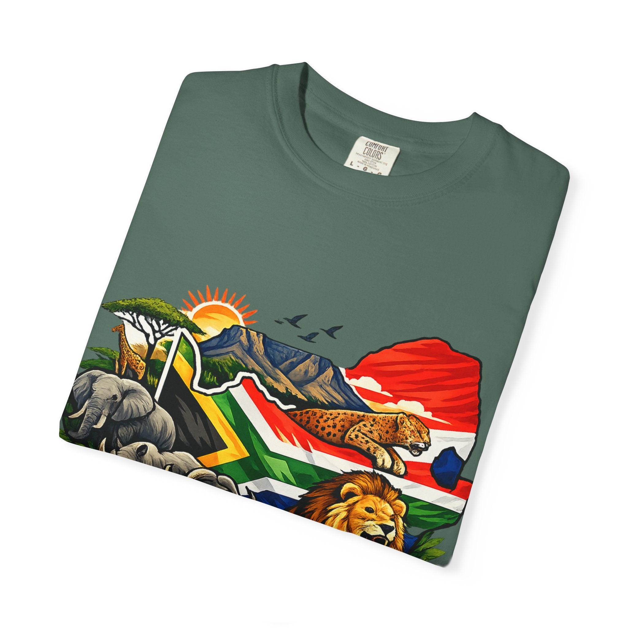 South Africa Wildlife Graphic T-Shirt — Lion, Rhino & Protea Design