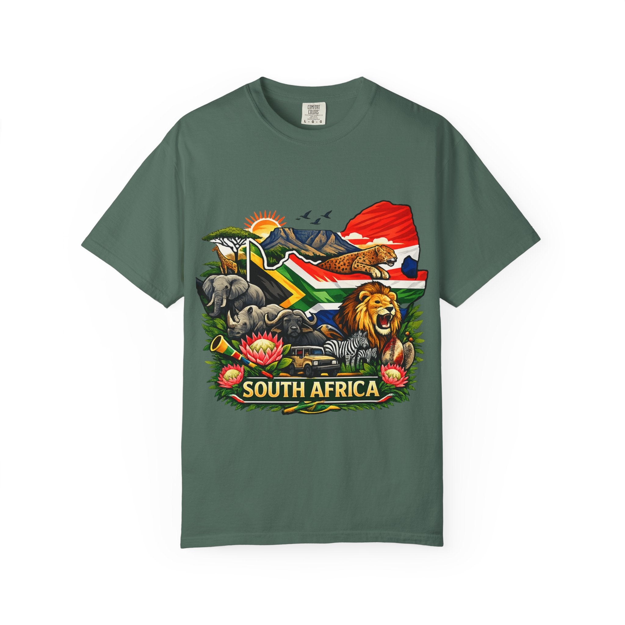 South Africa Wildlife Graphic T-Shirt — Lion, Rhino & Protea Design