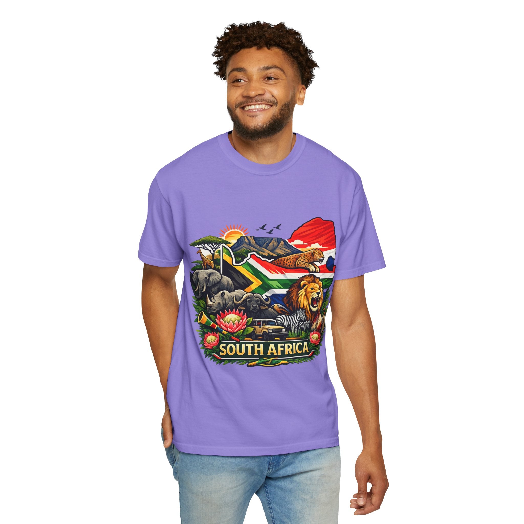 South Africa Wildlife Graphic T-Shirt — Lion, Rhino & Protea Design