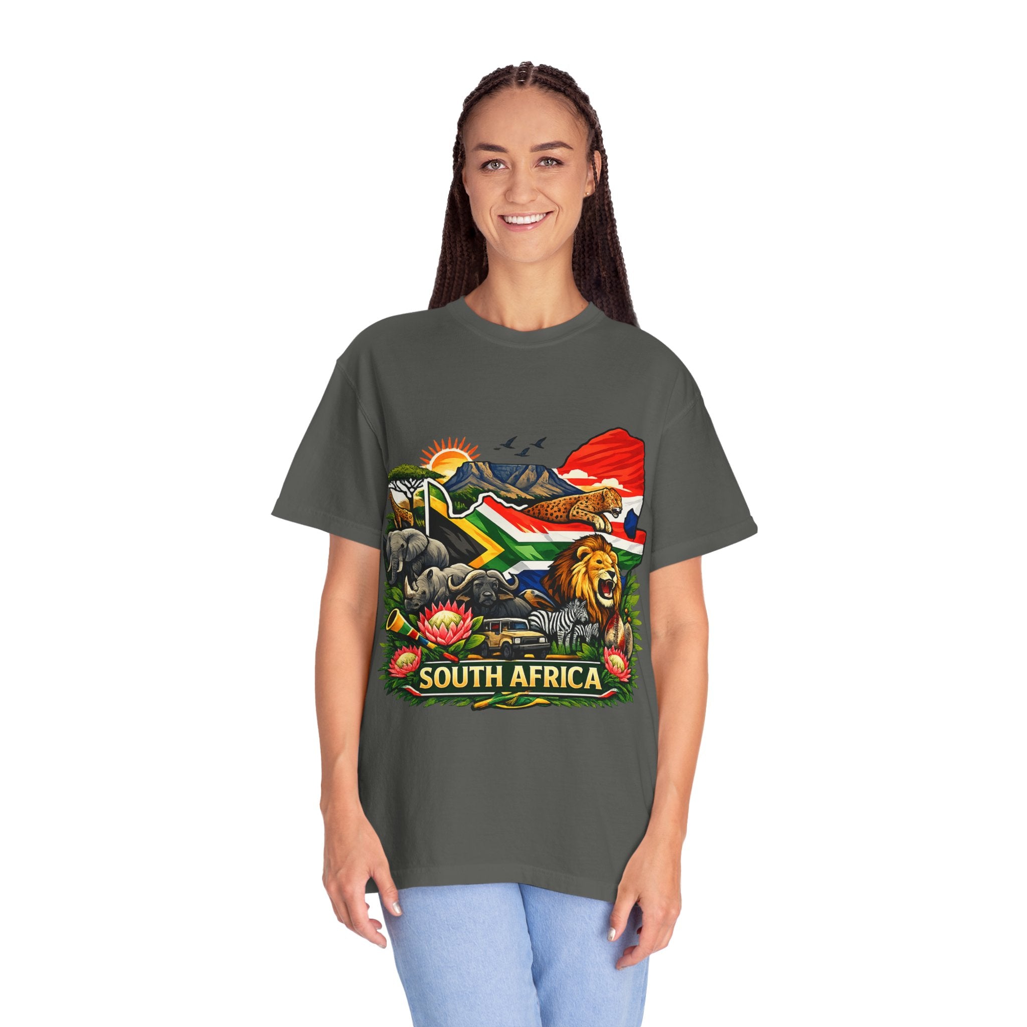 South Africa Wildlife Graphic T-Shirt — Lion, Rhino & Protea Design