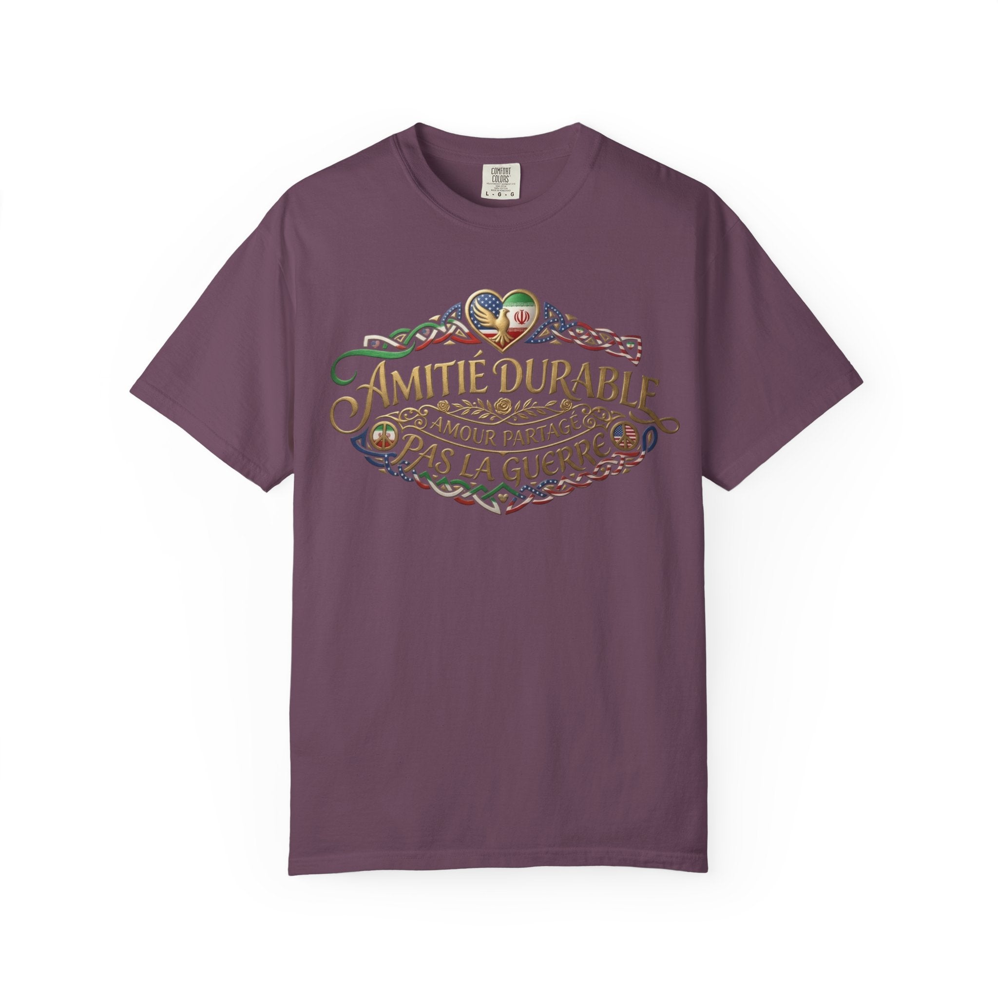 T-Shirt — "Amitié Durable, Amour Partagé, Pas la Guerre" Vintage Peace Heart Design