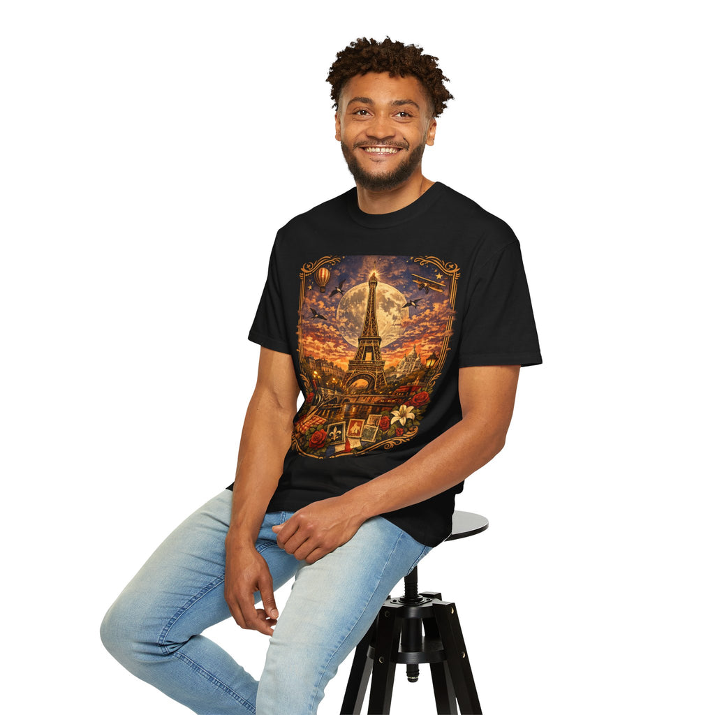 Eiffel Tower Paris Vintage Travel T-Shirt — Moonlit Scenic Souvenir Tee