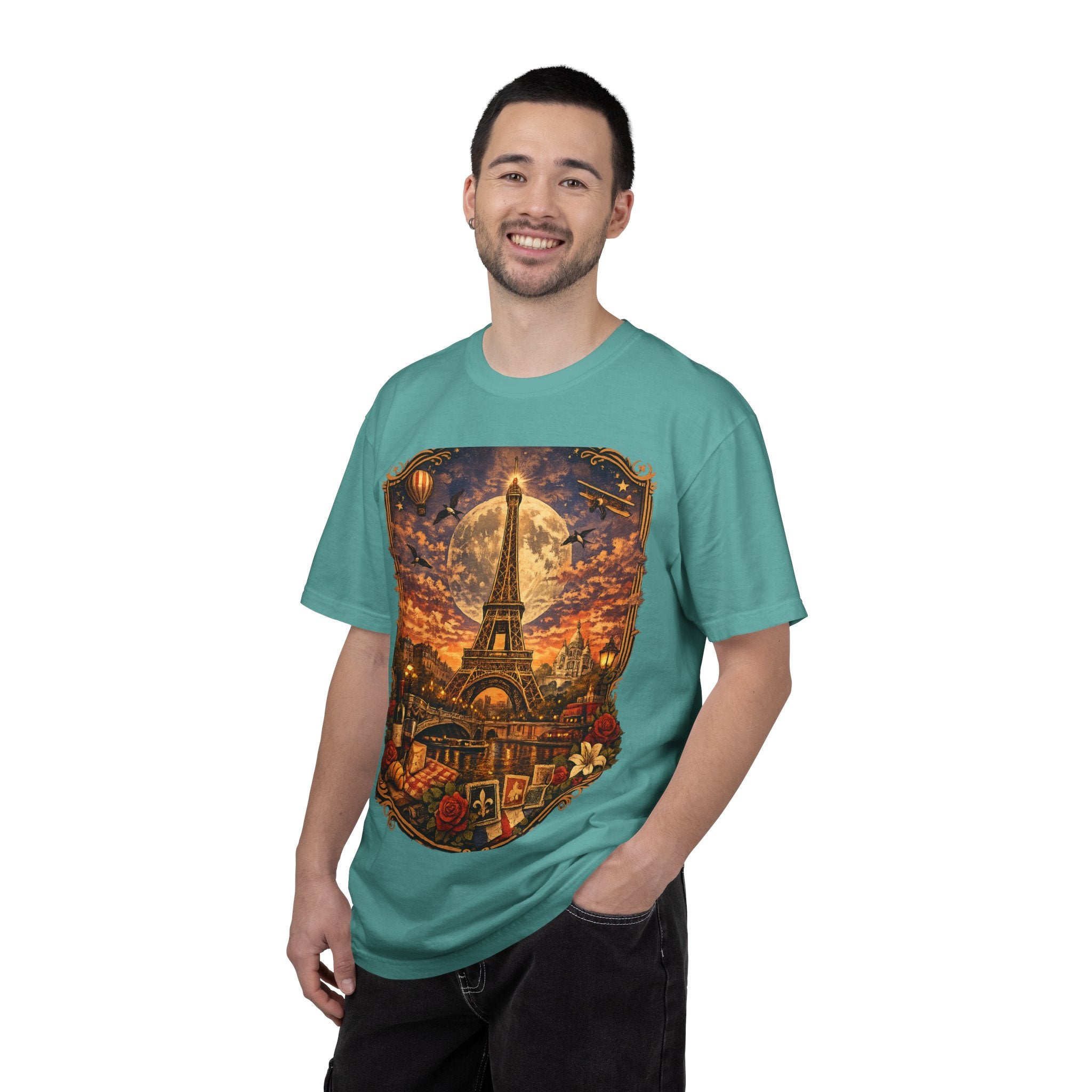 Eiffel Tower Paris Vintage Travel T-Shirt — Moonlit Scenic Souvenir Tee