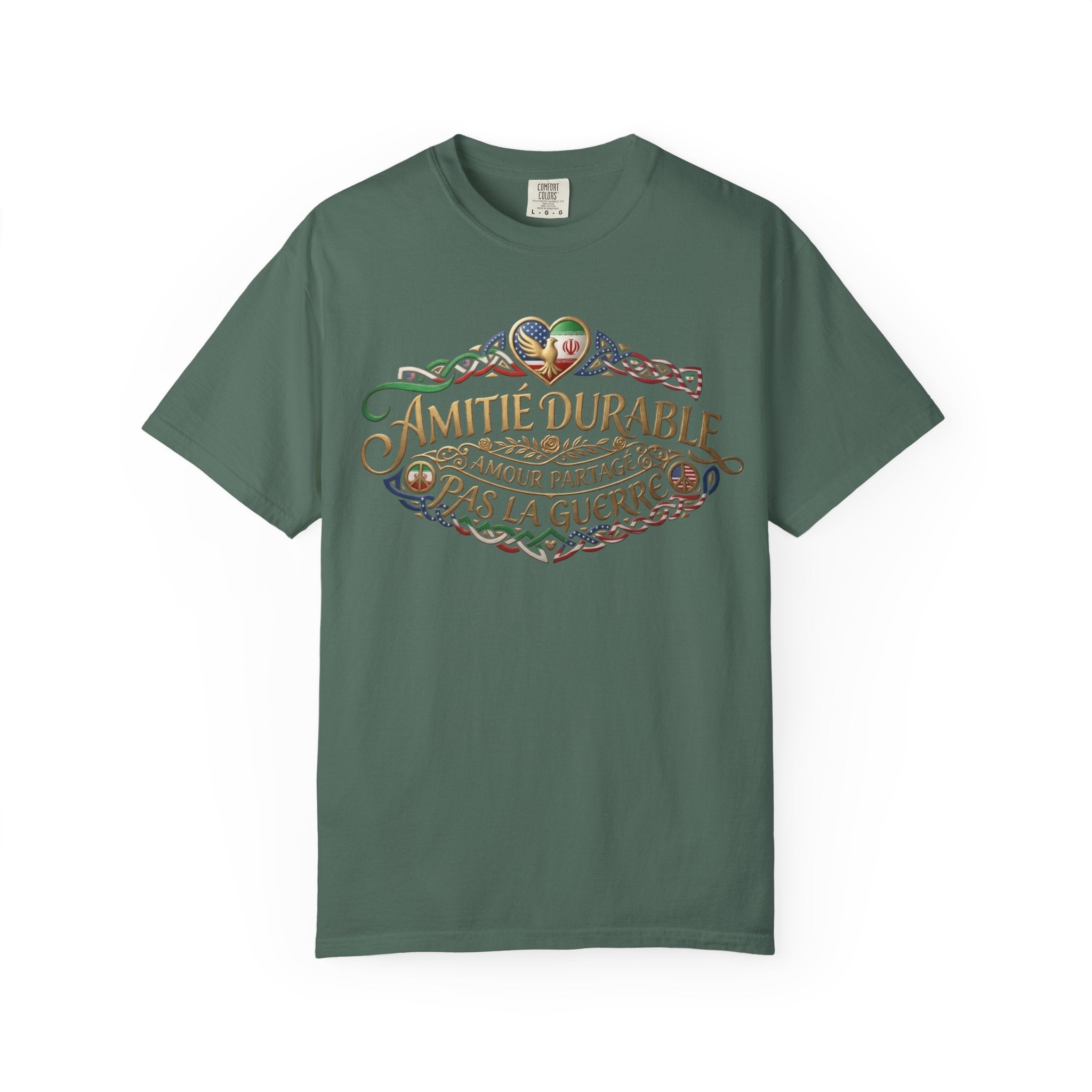 T-Shirt — "Amitié Durable, Amour Partagé, Pas la Guerre" Vintage Peace Heart Design