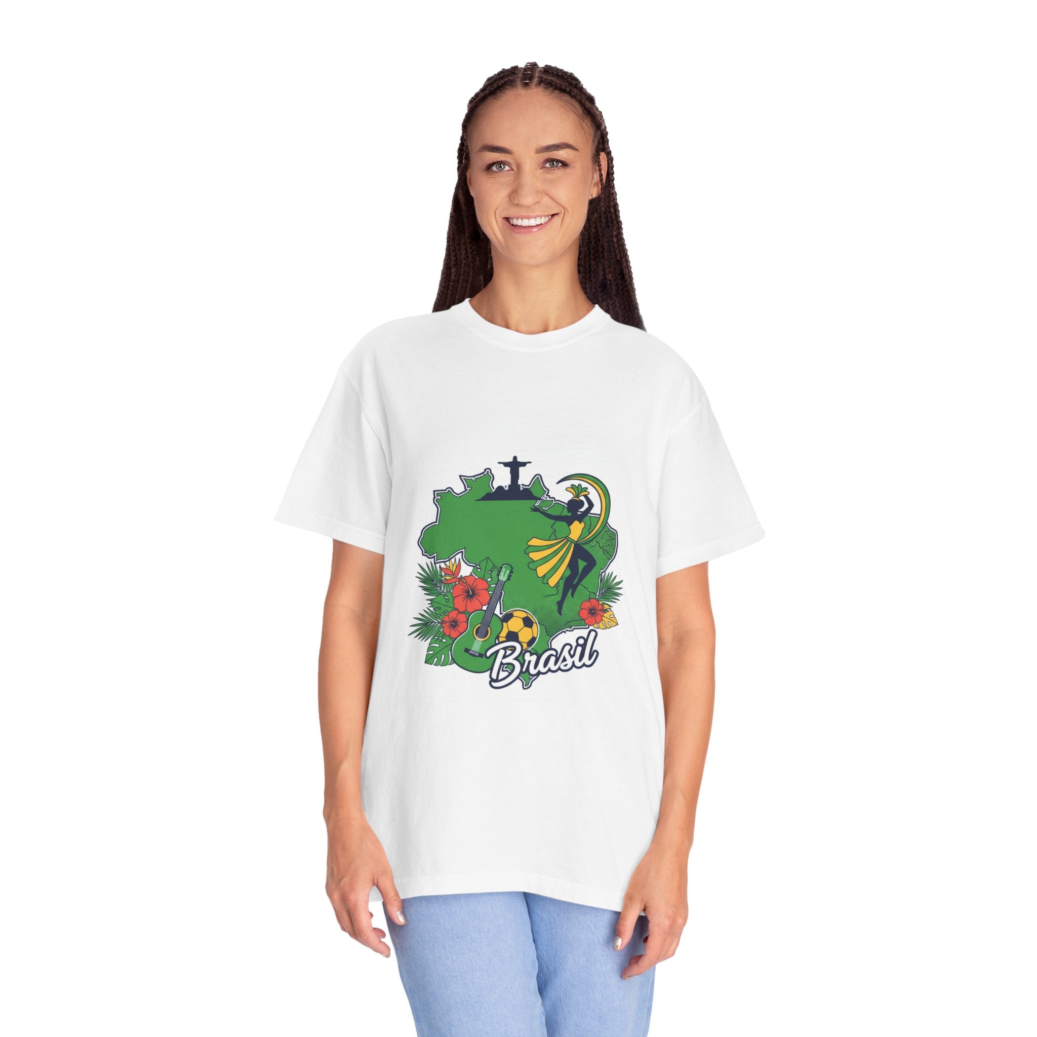 Brazil Map T-Shirt — Brasil Carnival Floral Design with Christ the Redeemer
