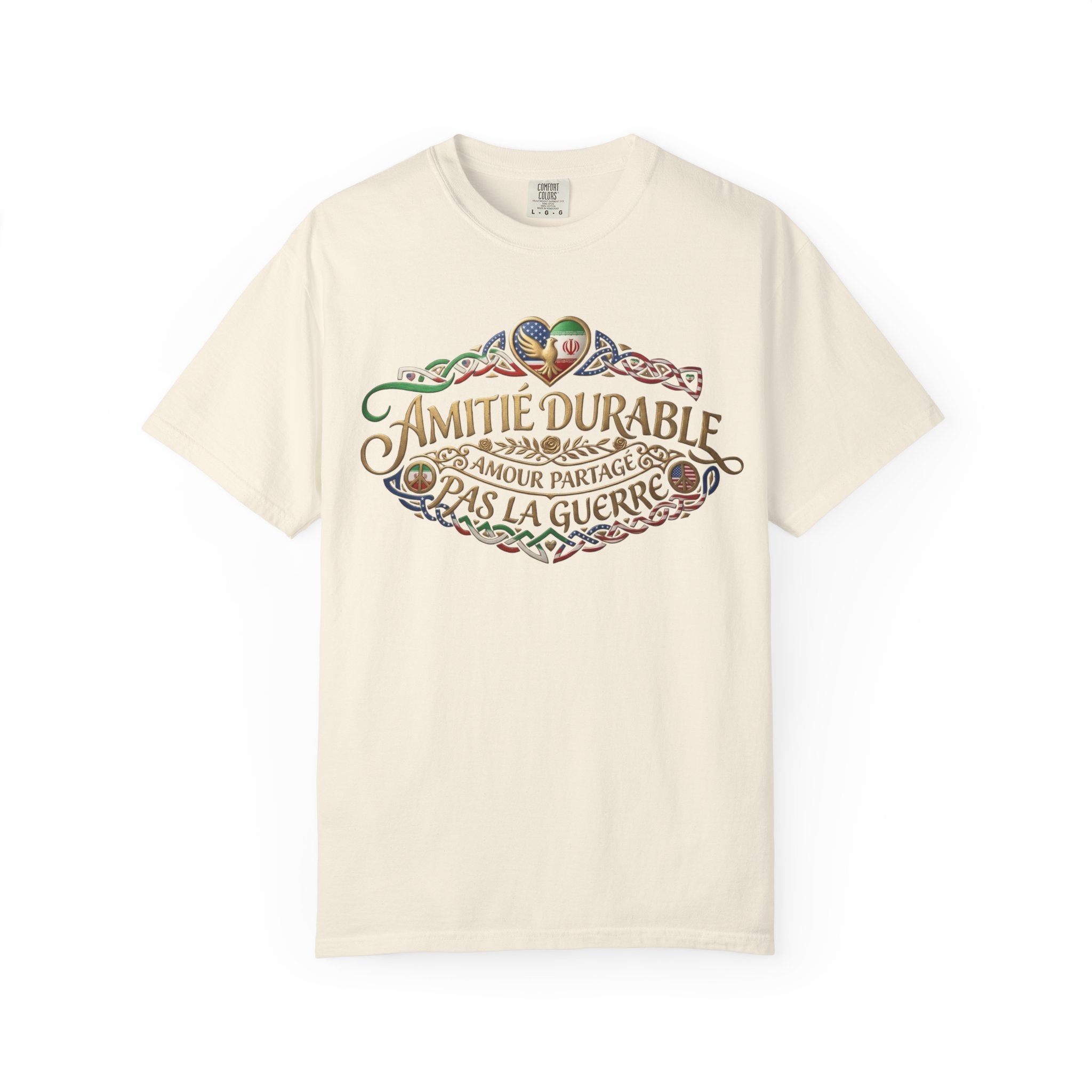 T-Shirt — "Amitié Durable, Amour Partagé, Pas la Guerre" Vintage Peace Heart Design
