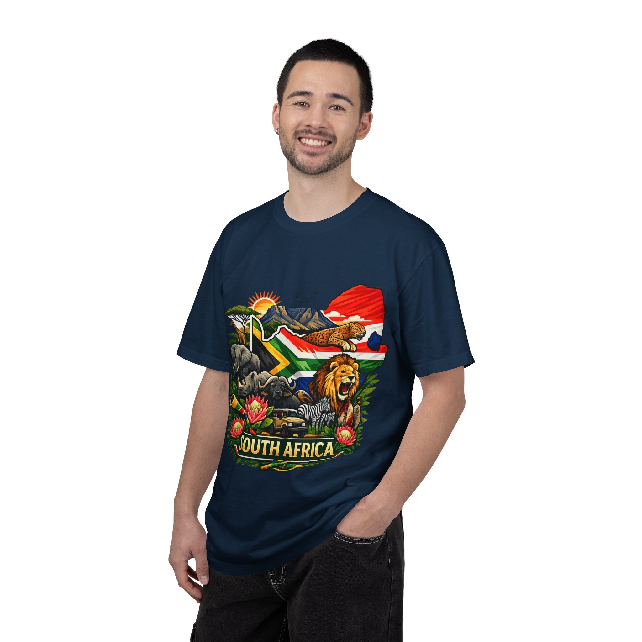 South Africa Wildlife Graphic T-Shirt — Lion, Rhino & Protea Design