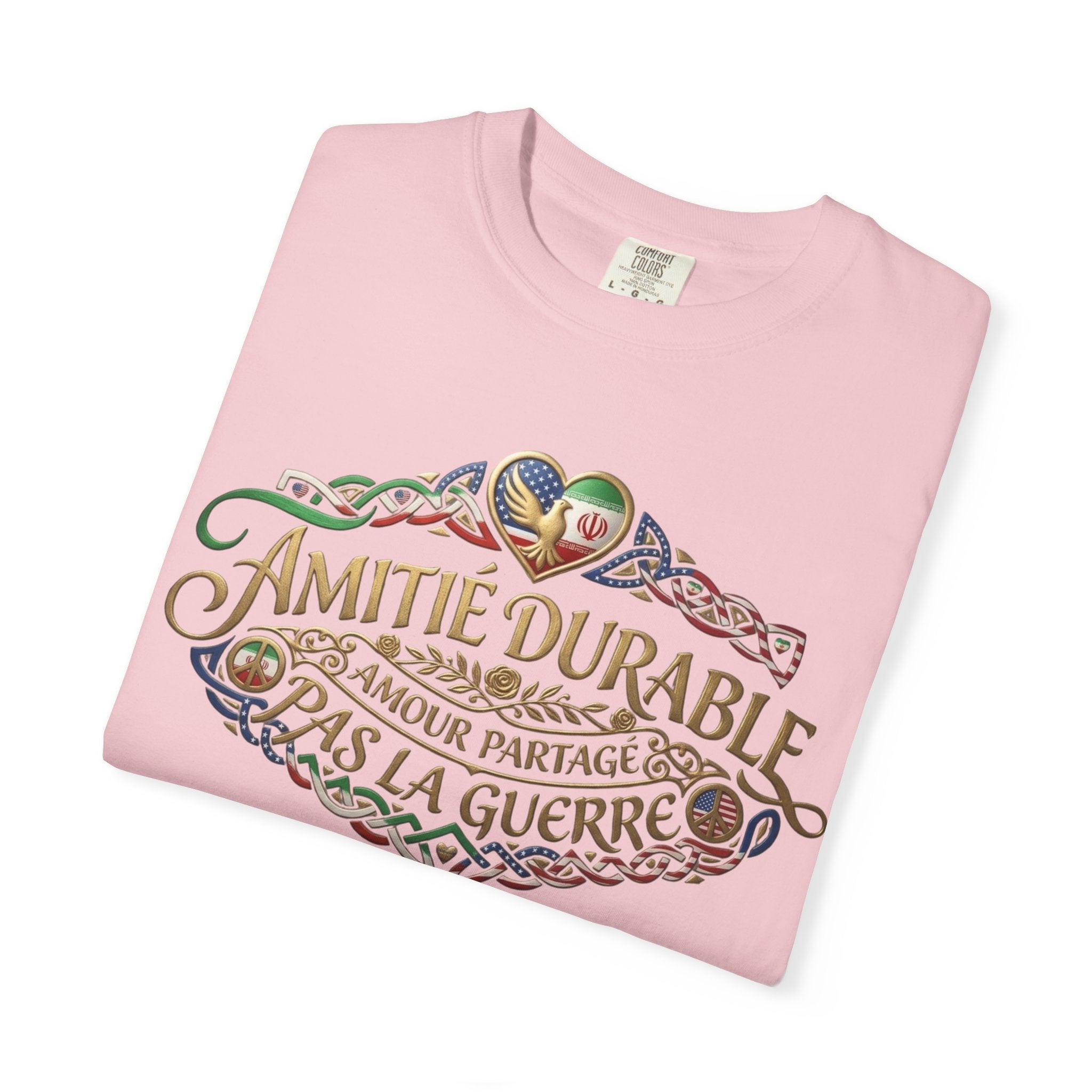 T-Shirt — "Amitié Durable, Amour Partagé, Pas la Guerre" Vintage Peace Heart Design