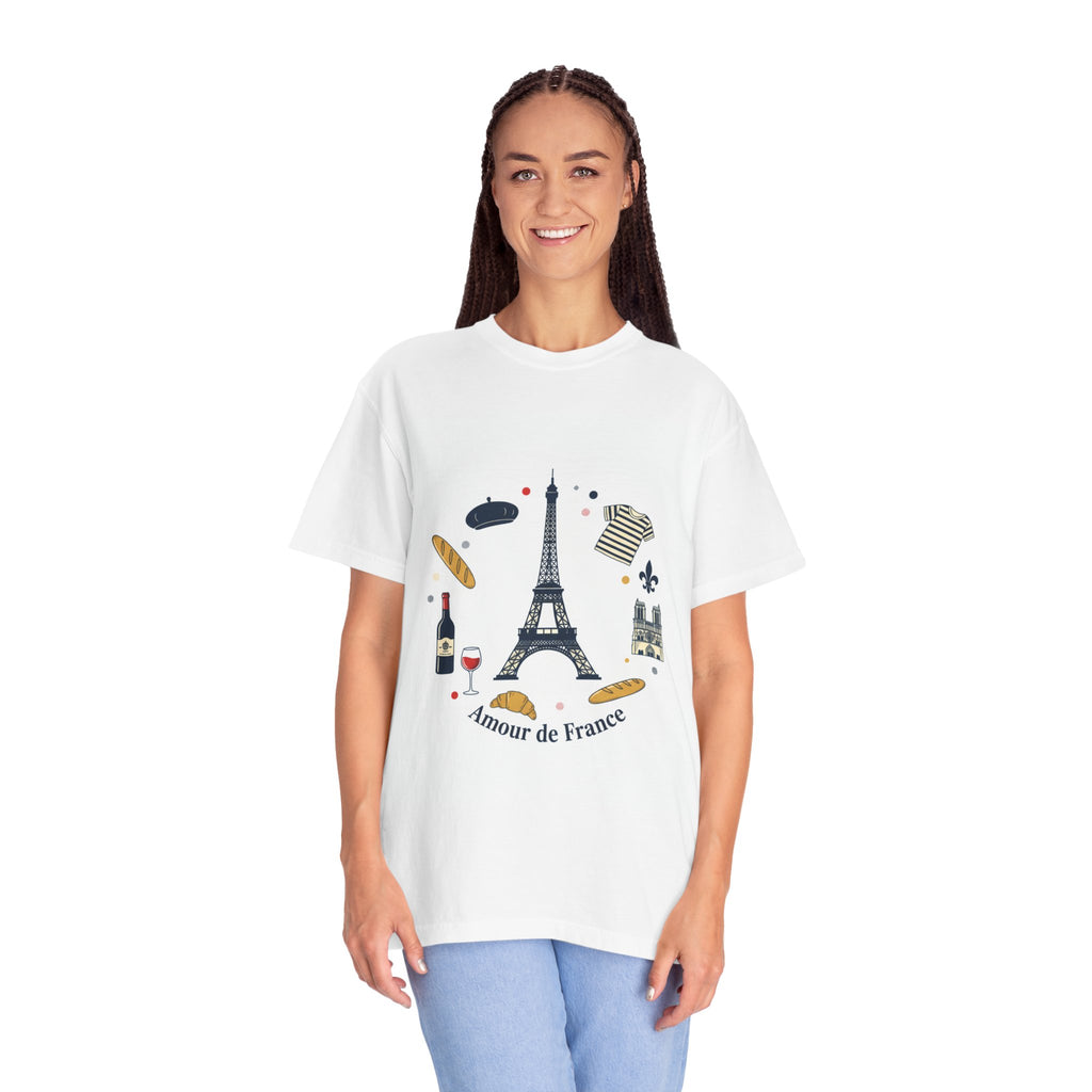 Amour de France T-Shirt — Paris Eiffel Tower Wine & Baguette Graphic